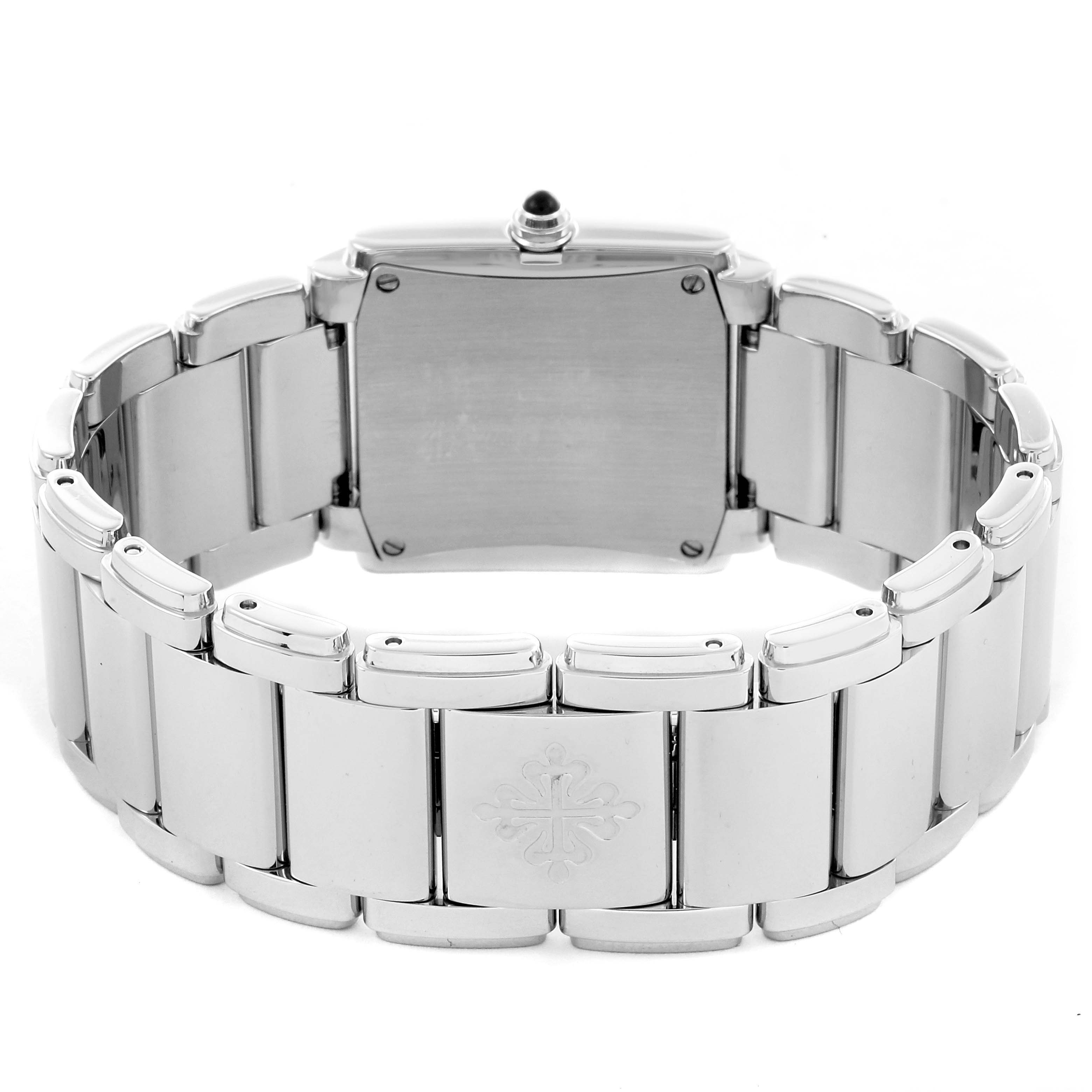 The image shows the back view of the Patek Philippe Twenty-4 4910/10A-011 Women's Stainless Steel Silver Dial 4910/10A-011 Women's Stainless Steel Silver Dial watch, displaying the bracelet and clasp with the logo.