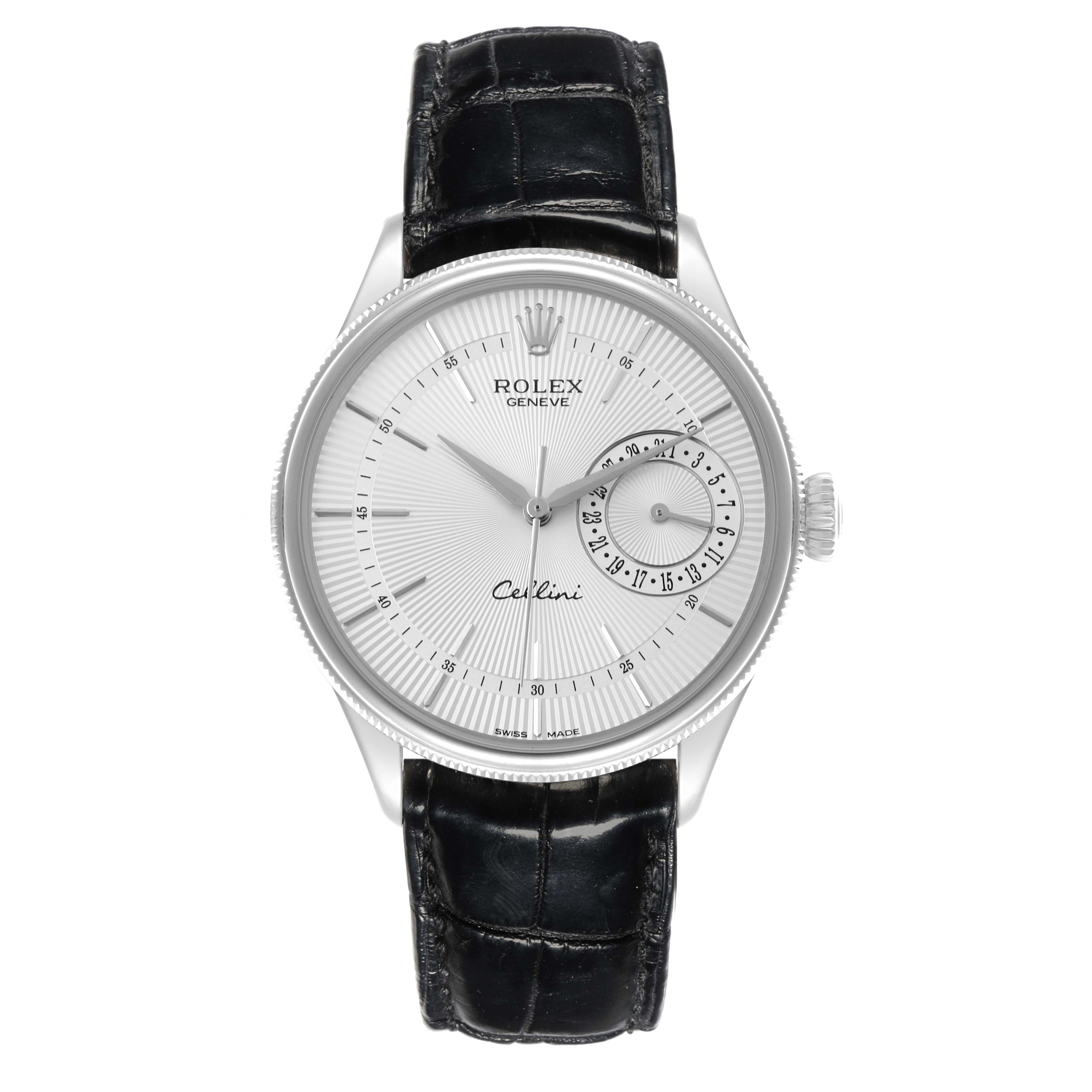 The Rolex Cellini 50519 Men
s White Gold Silver Dial 50519 Men
s White Gold Silver Dial watch is shown from a front angle, highlighting the dial and leather strap.