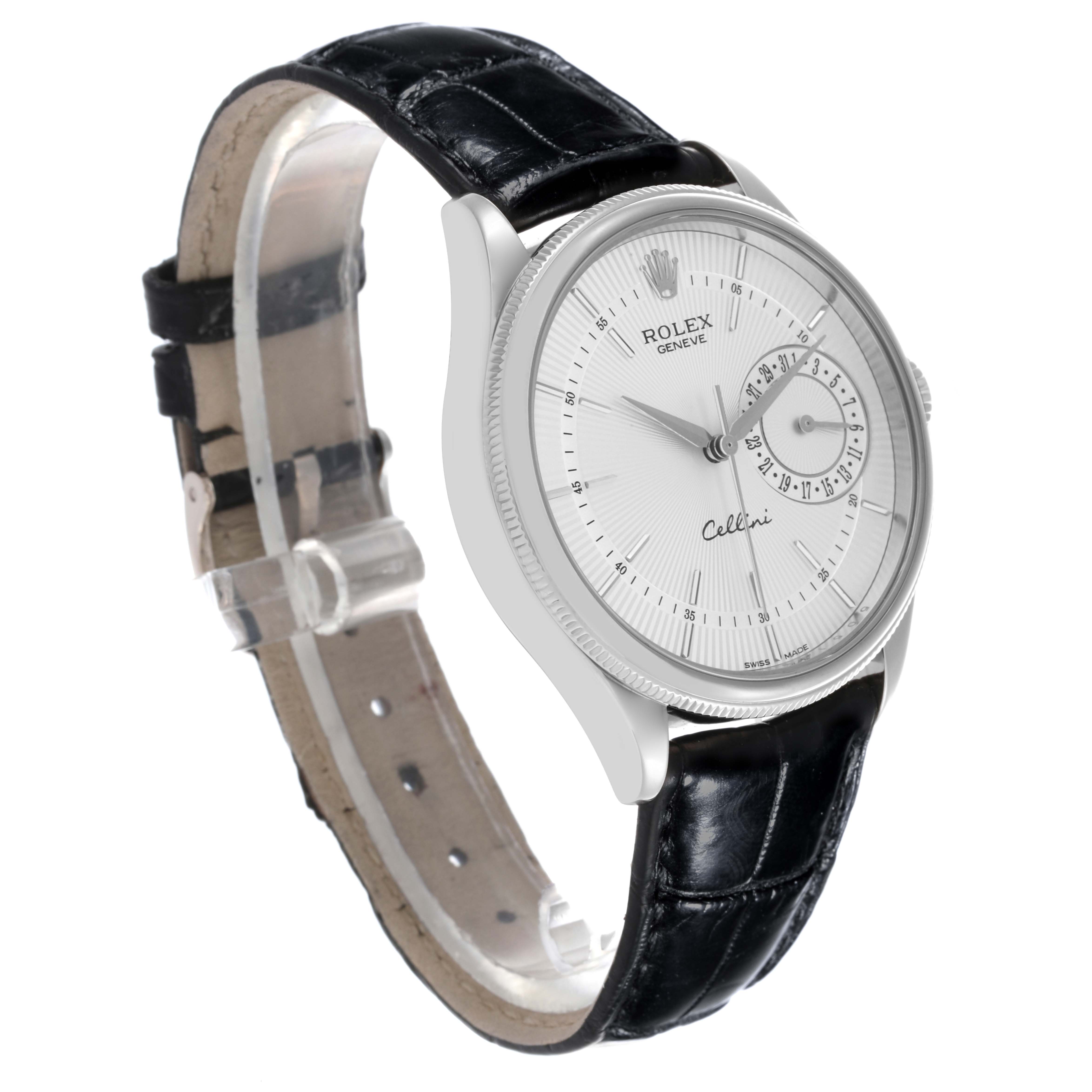 The Rolex Cellini 50519 Men
s White Gold Silver Dial 50519 Men
s White Gold Silver Dial watch is shown at a three-quarter angle, displaying the face, strap, and case.