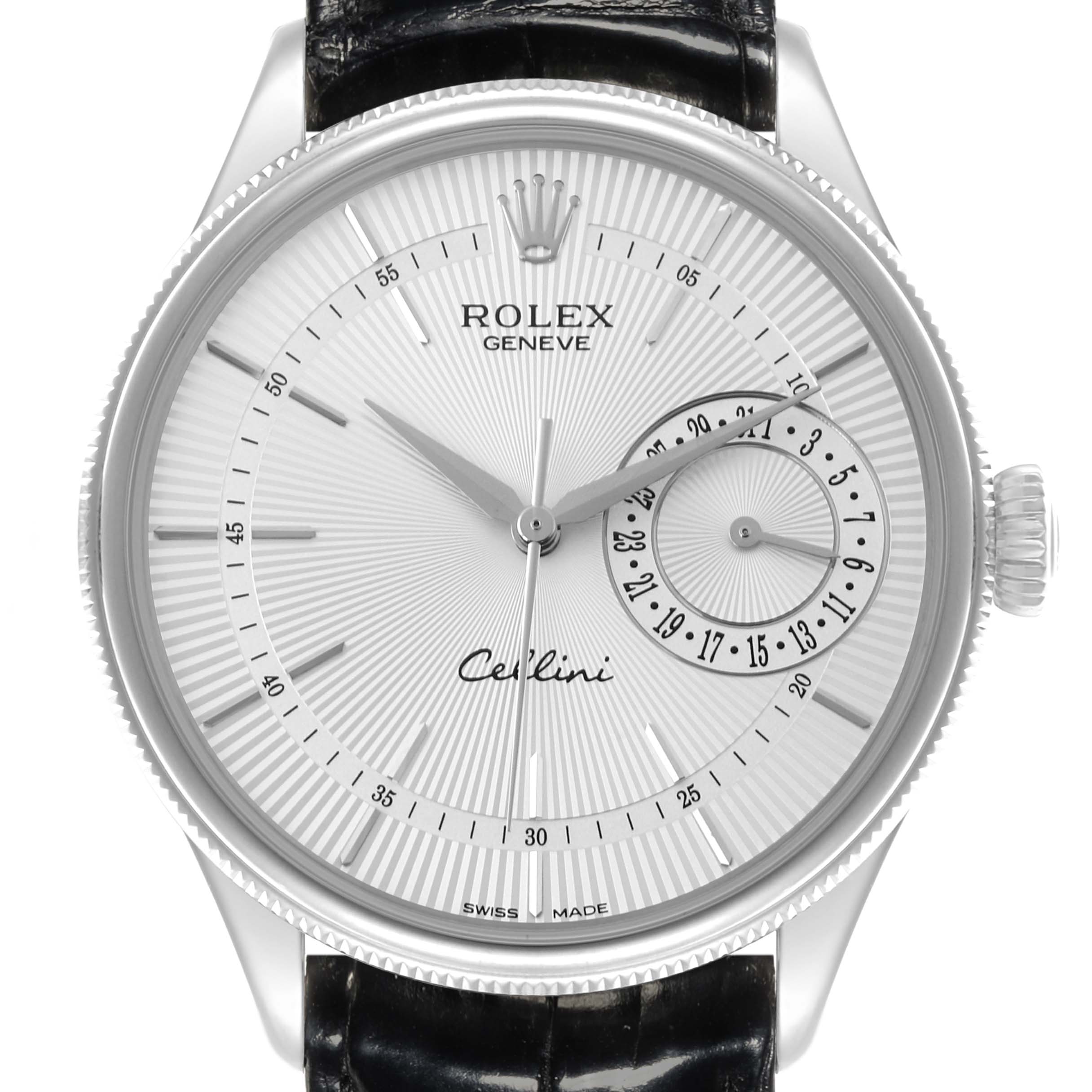 The Rolex Cellini 50519 Men
s White Gold Silver Dial 50519 Men
s White Gold Silver Dial watch is shown from the front, displaying the dial, crown, and leather strap.