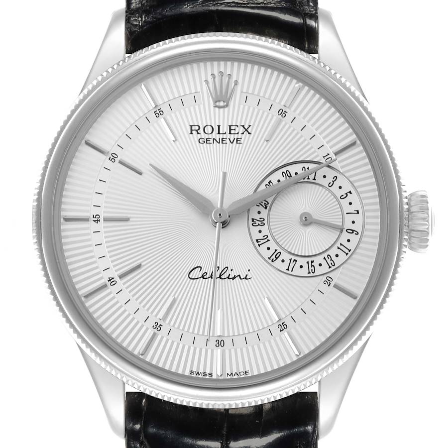 The Rolex Cellini watch is shown from the front, displaying the dial, crown, and leather strap.