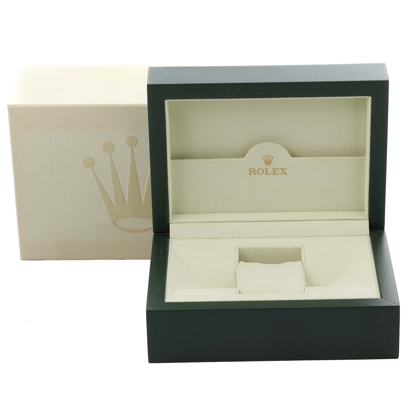 The image shows an open Rolex Cellini 50519 Men
s White Gold Silver Dial 50519 Men
s White Gold Silver Dial watch box, with the cushion and lid logo visible from the front angle.