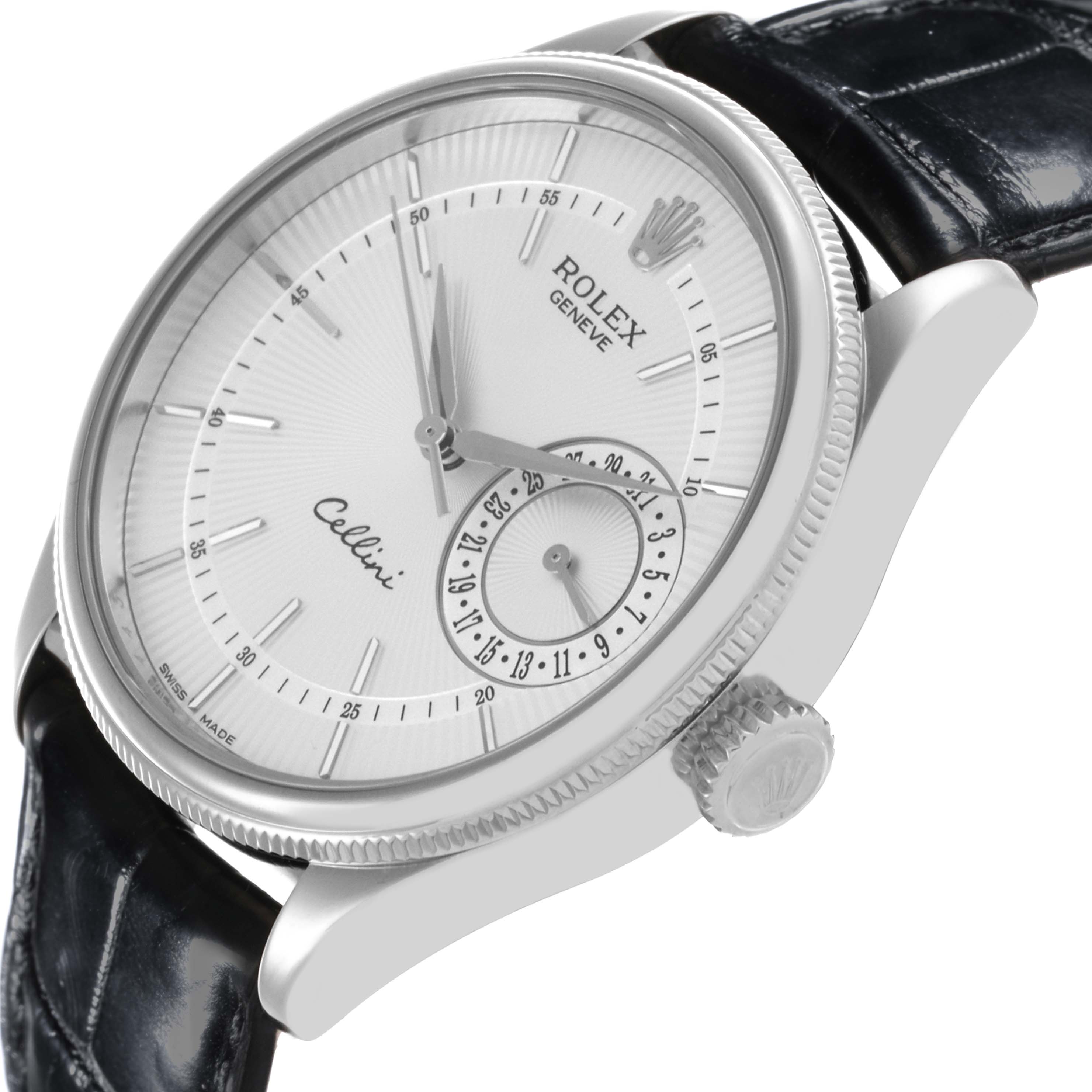 The Rolex Cellini 50519 Men
s White Gold Silver Dial 50519 Men
s White Gold Silver Dial watch is shown from an angled side view, highlighting the dial, crown, and leather strap.