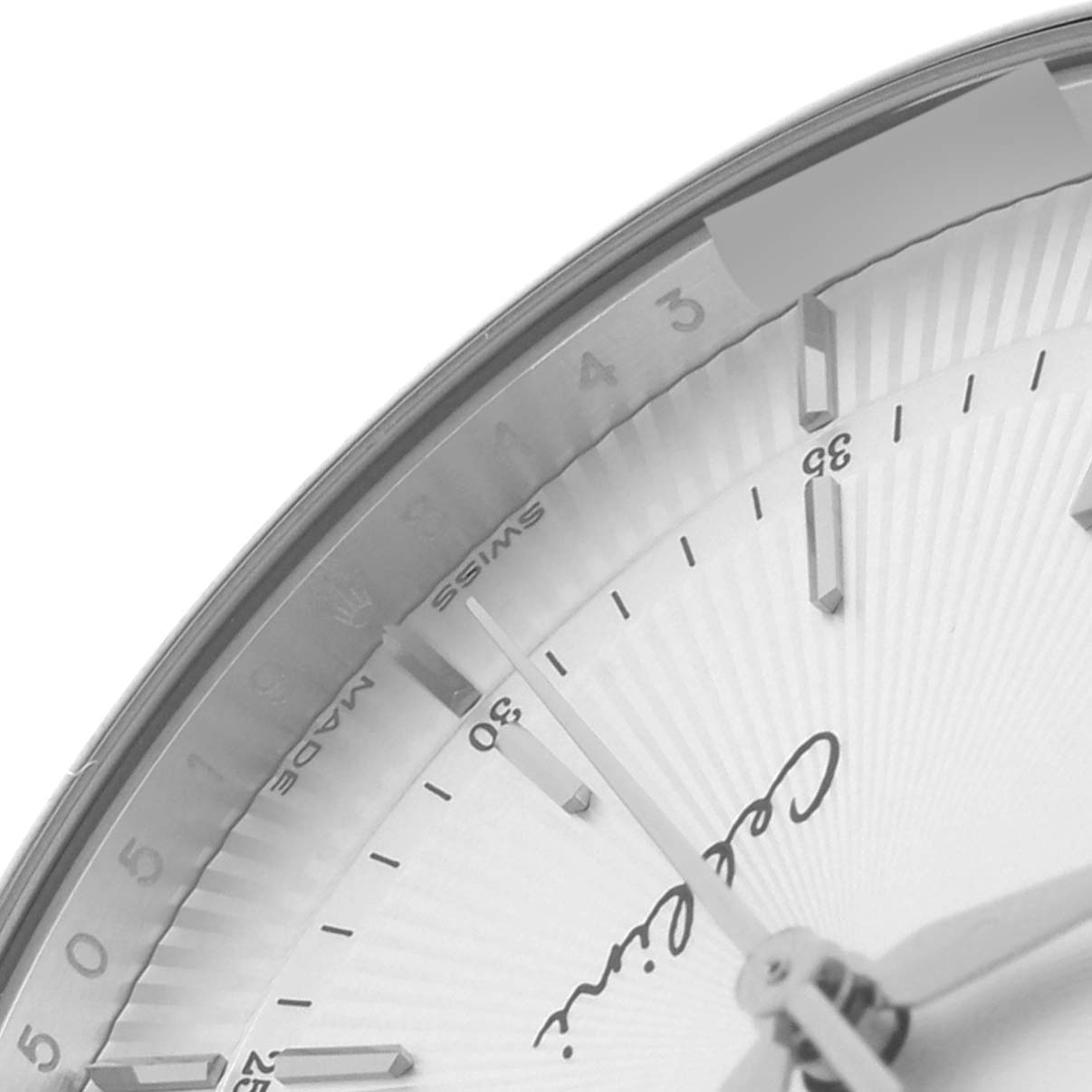 The image shows a close-up of the dial and hands of a Rolex Cellini 50519 Men
s White Gold Silver Dial 50519 Men
s White Gold Silver Dial watch at an angle.