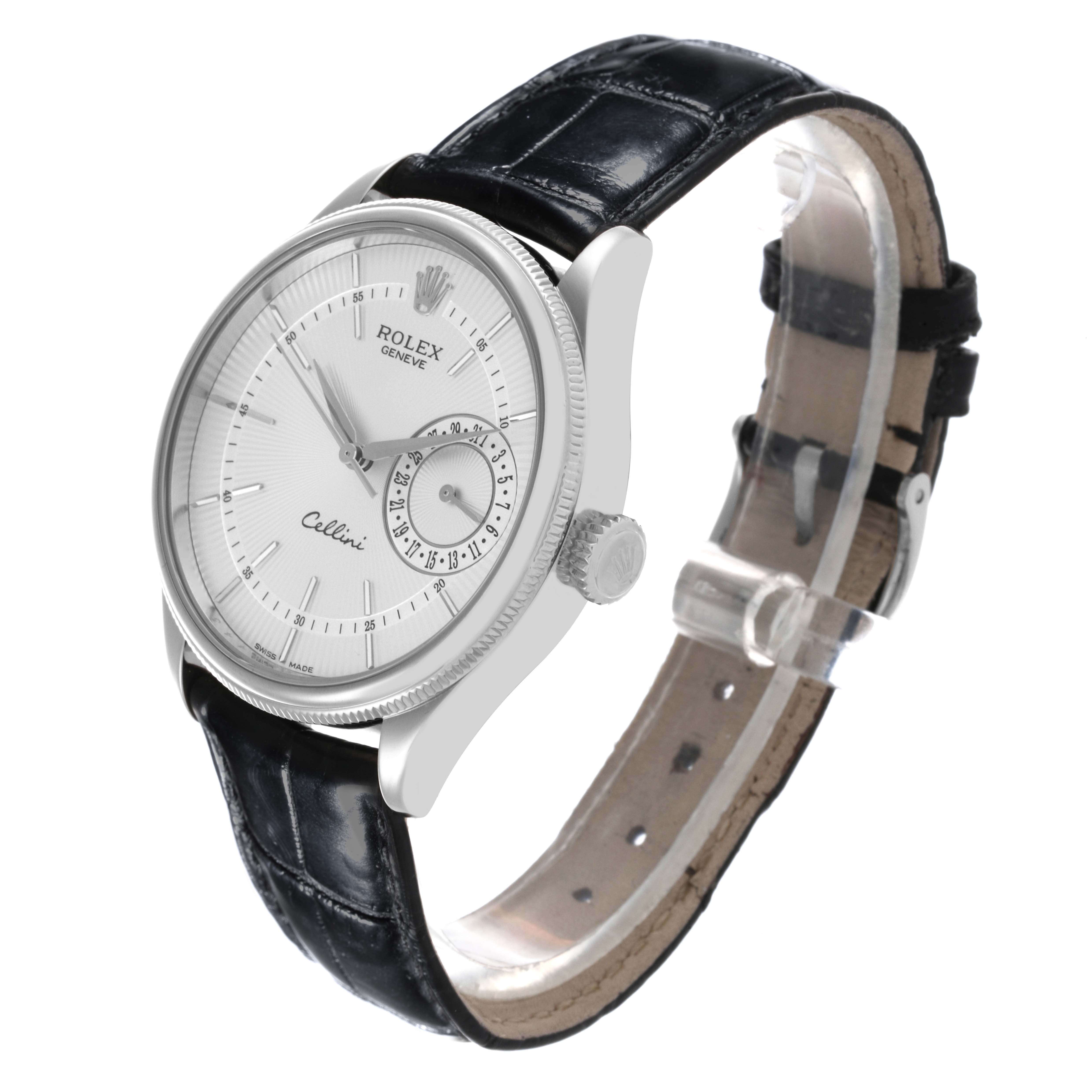 The Rolex Cellini 50519 Men
s White Gold Silver Dial 50519 Men
s White Gold Silver Dial watch is shown at a three-quarter angle, highlighting the face, dial, crown, and leather strap.