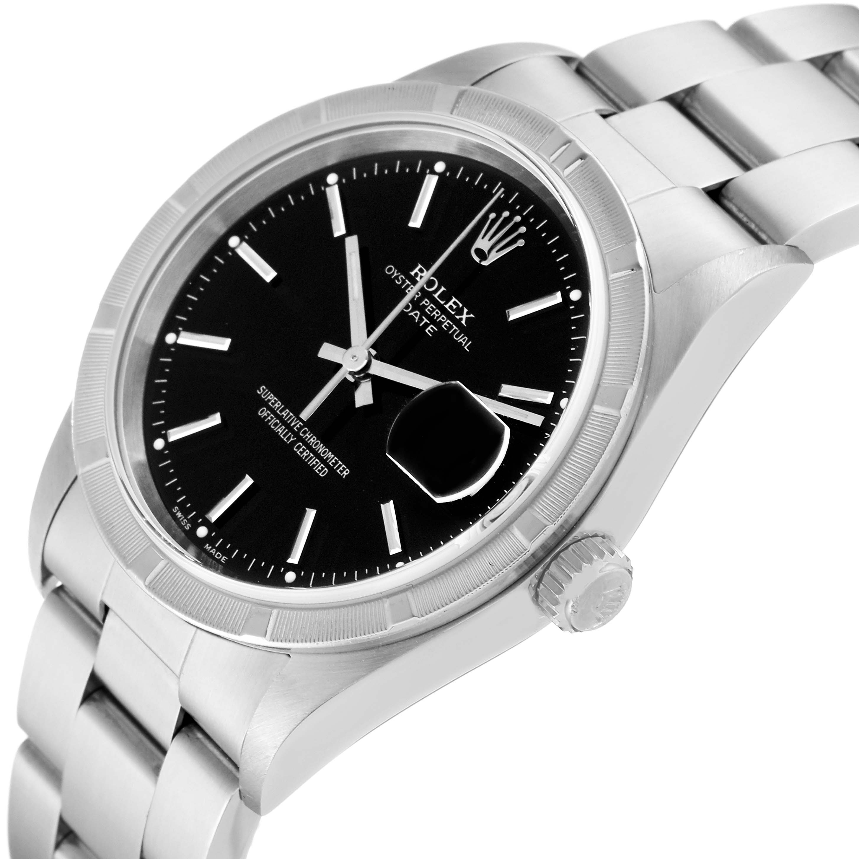 The image shows a side-angle view of a Rolex Date 15210 Men's Stainless Steel Black Dial 15210 Men's Stainless Steel Black Dial model, highlighting its black dial, bezel, crown, and part of the bracelet.