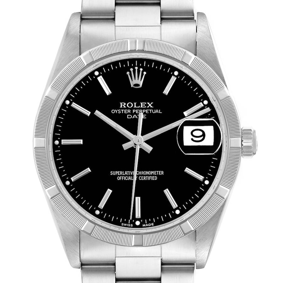 Rolex Date Black Dial Engine Turned Bezel Steel Mens Watch 15210 SwissWatchExpo
