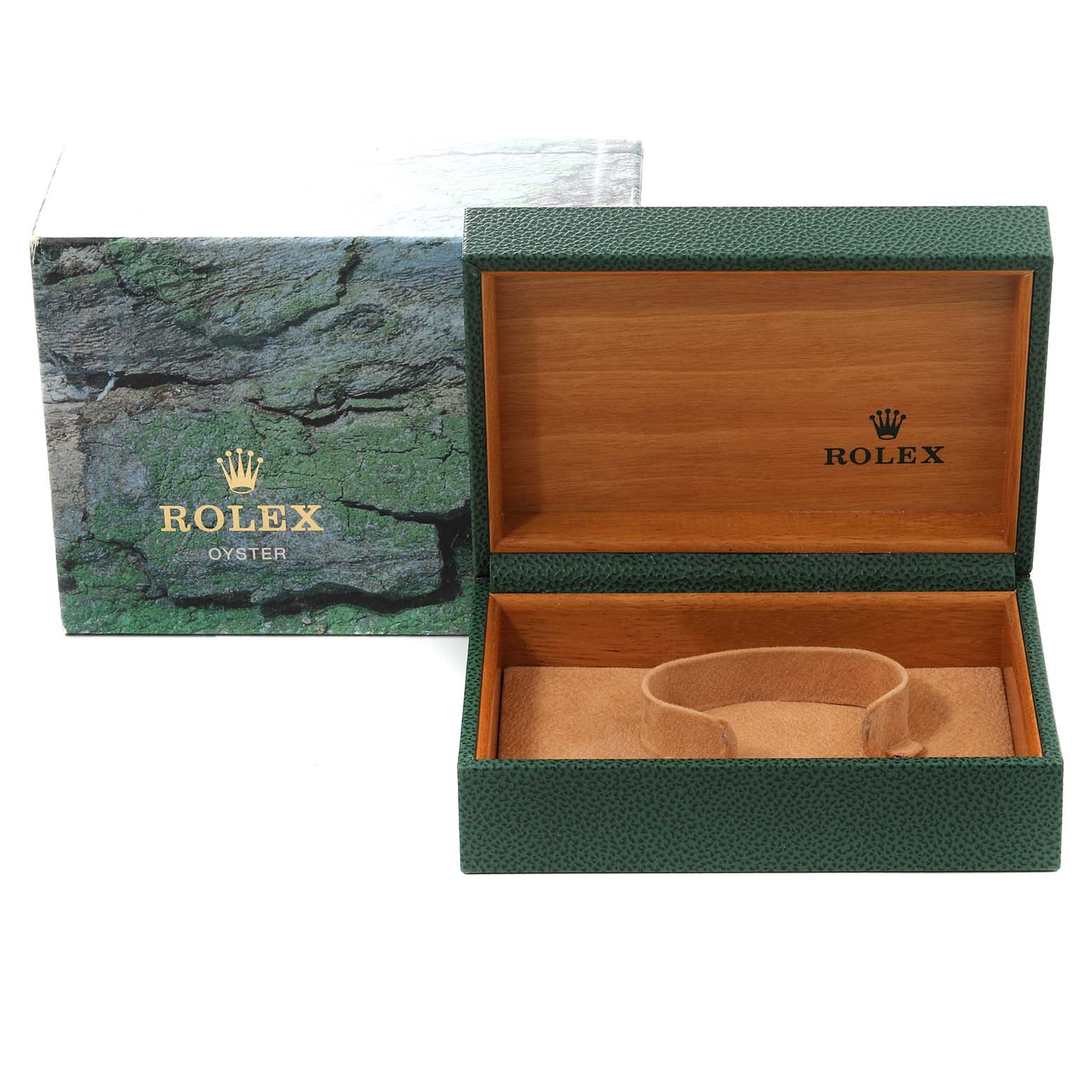 The image shows an empty Rolex Date 15210 Men's Stainless Steel Black Dial 15210 Men's Stainless Steel Black Dial model watch box with its lid open, revealing the inner cushion.