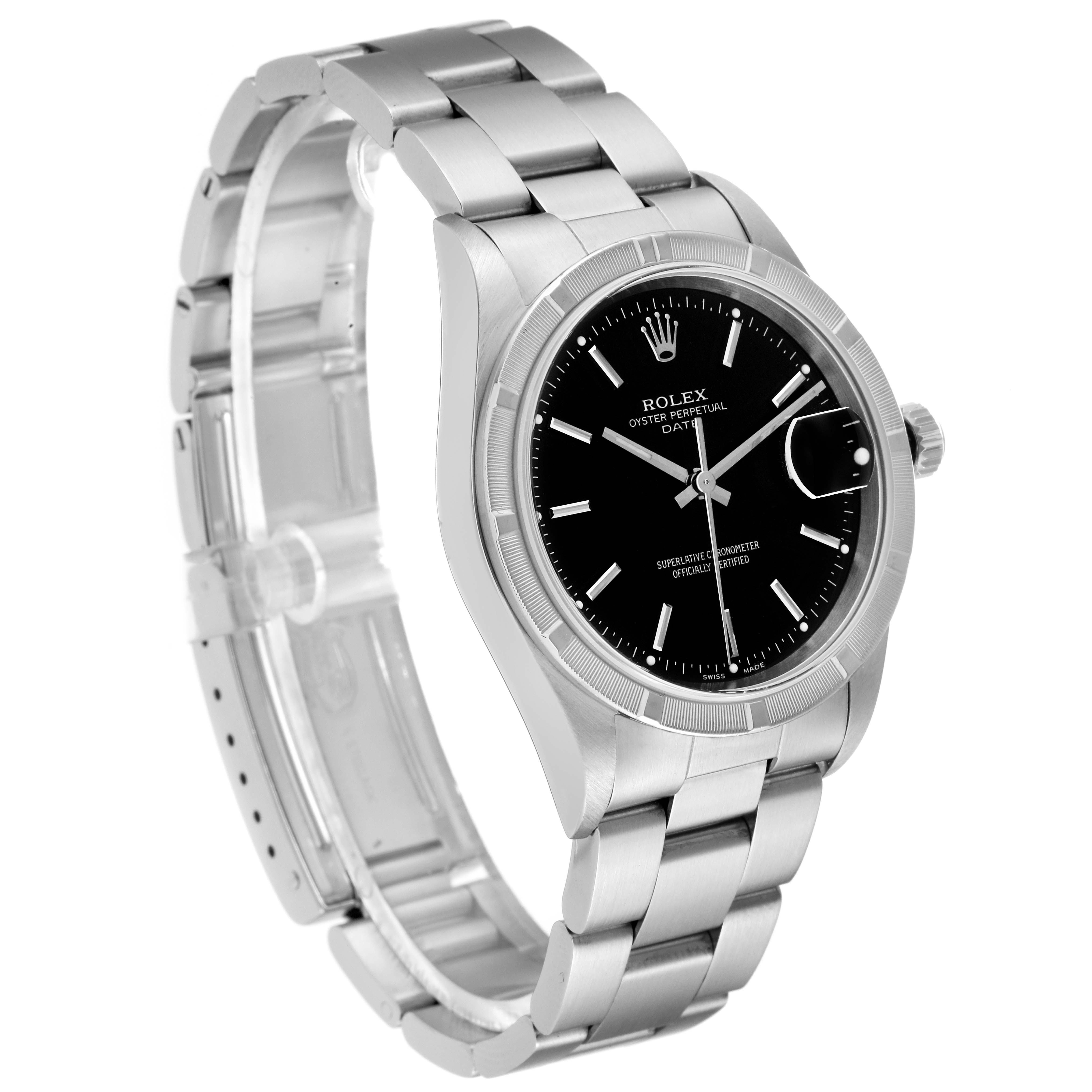 The image shows a side-angle view of a Rolex Date 15210 Men's Stainless Steel Black Dial 15210 Men's Stainless Steel Black Dial model, displaying its black dial, stainless steel case, and bracelet.