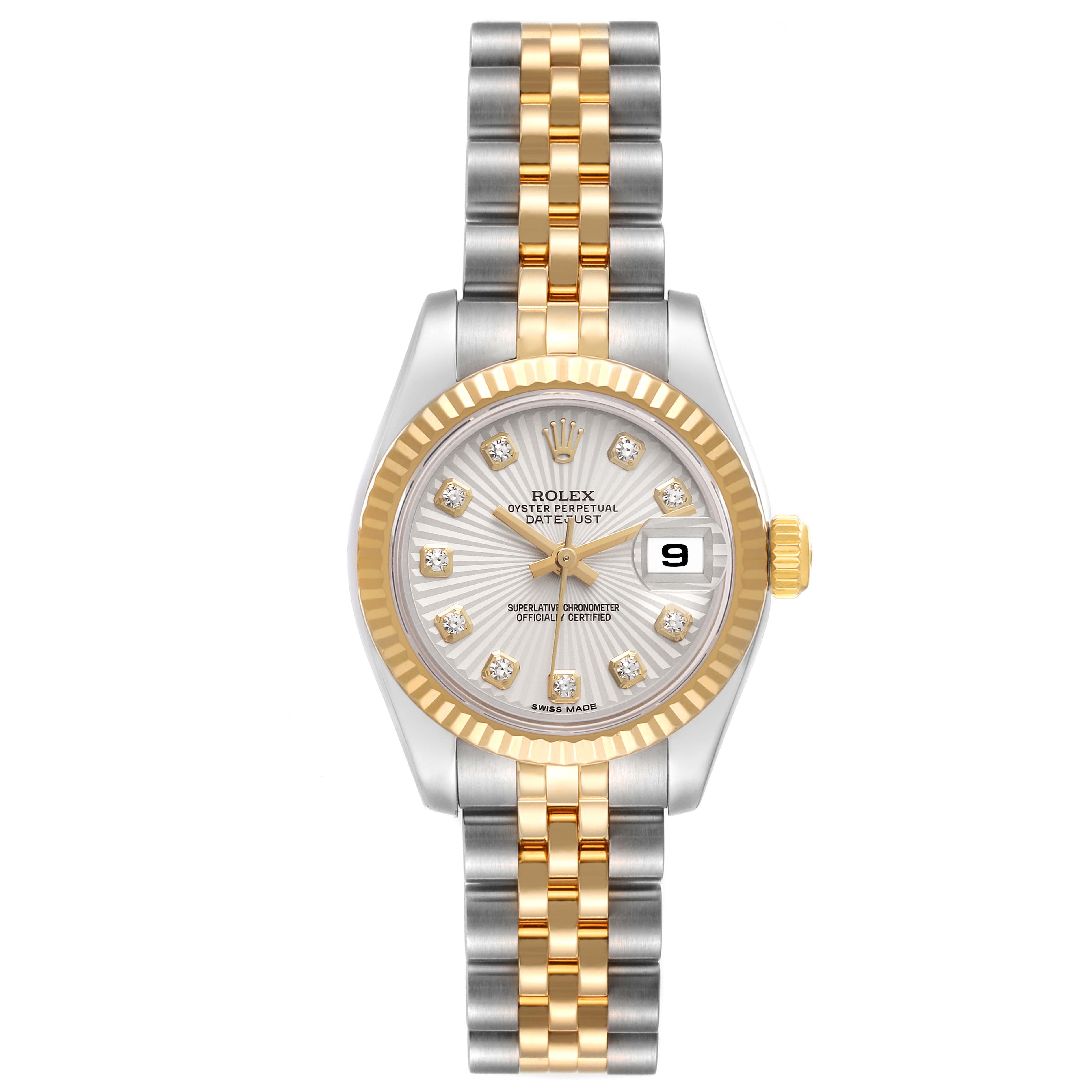 The Rolex Datejust 179173 Women's Steel and Gold (two tone) Silver Dial 179173 Women's Steel and Gold (two tone) Silver Dial watch is shown from a front angle, highlighting the face, bezel, crown, and two-tone bracelet.