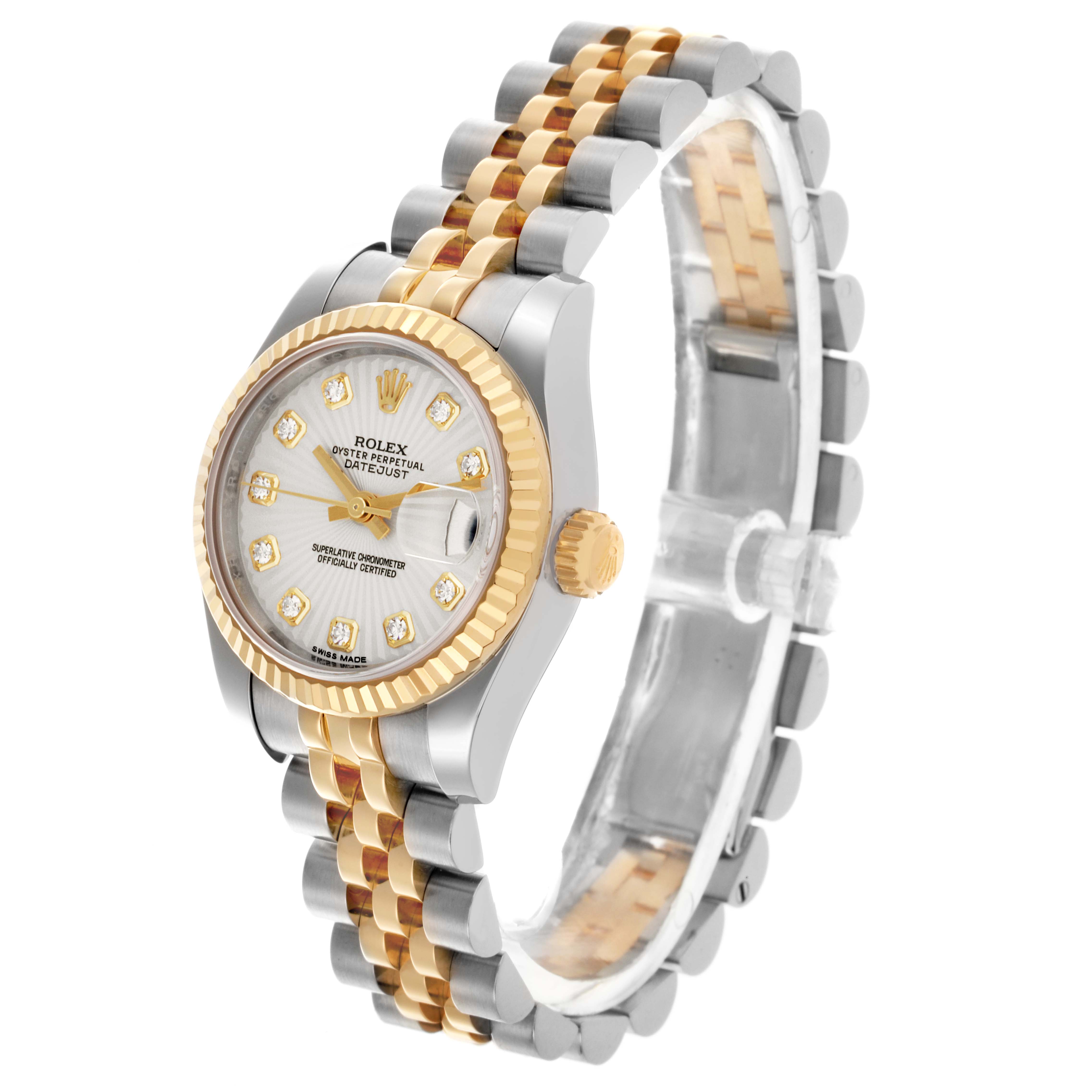 The Rolex Datejust 179173 Women's Steel and Gold (two tone) Silver Dial 179173 Women's Steel and Gold (two tone) Silver Dial watch is shown in a three-quarter view, highlighting the dial, bezel, crown, and two-tone bracelet.