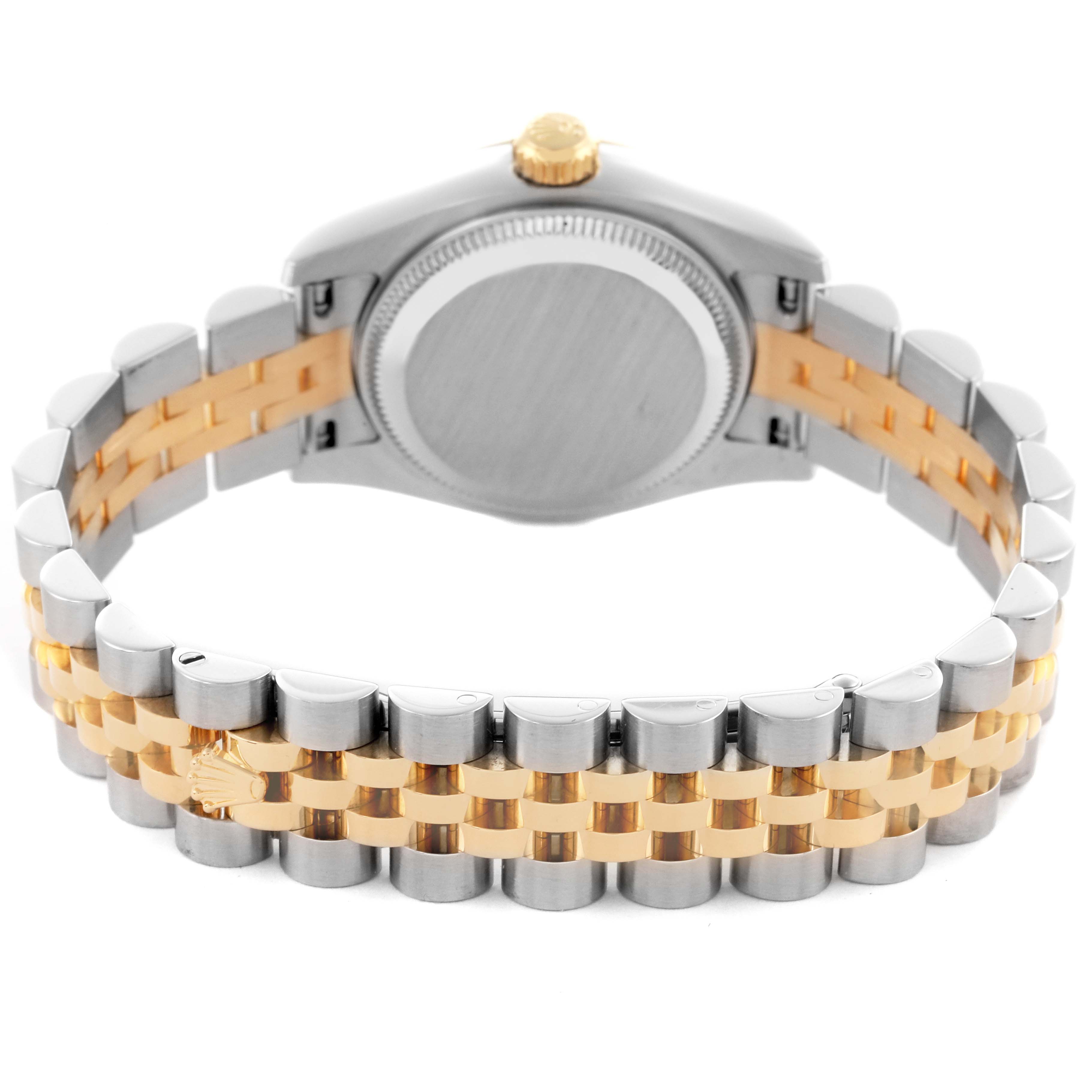 The image shows the back view of a Rolex Datejust 179173 Women's Steel and Gold (two tone) Silver Dial 179173 Women's Steel and Gold (two tone) Silver Dial, highlighting its case and two-tone bracelet.