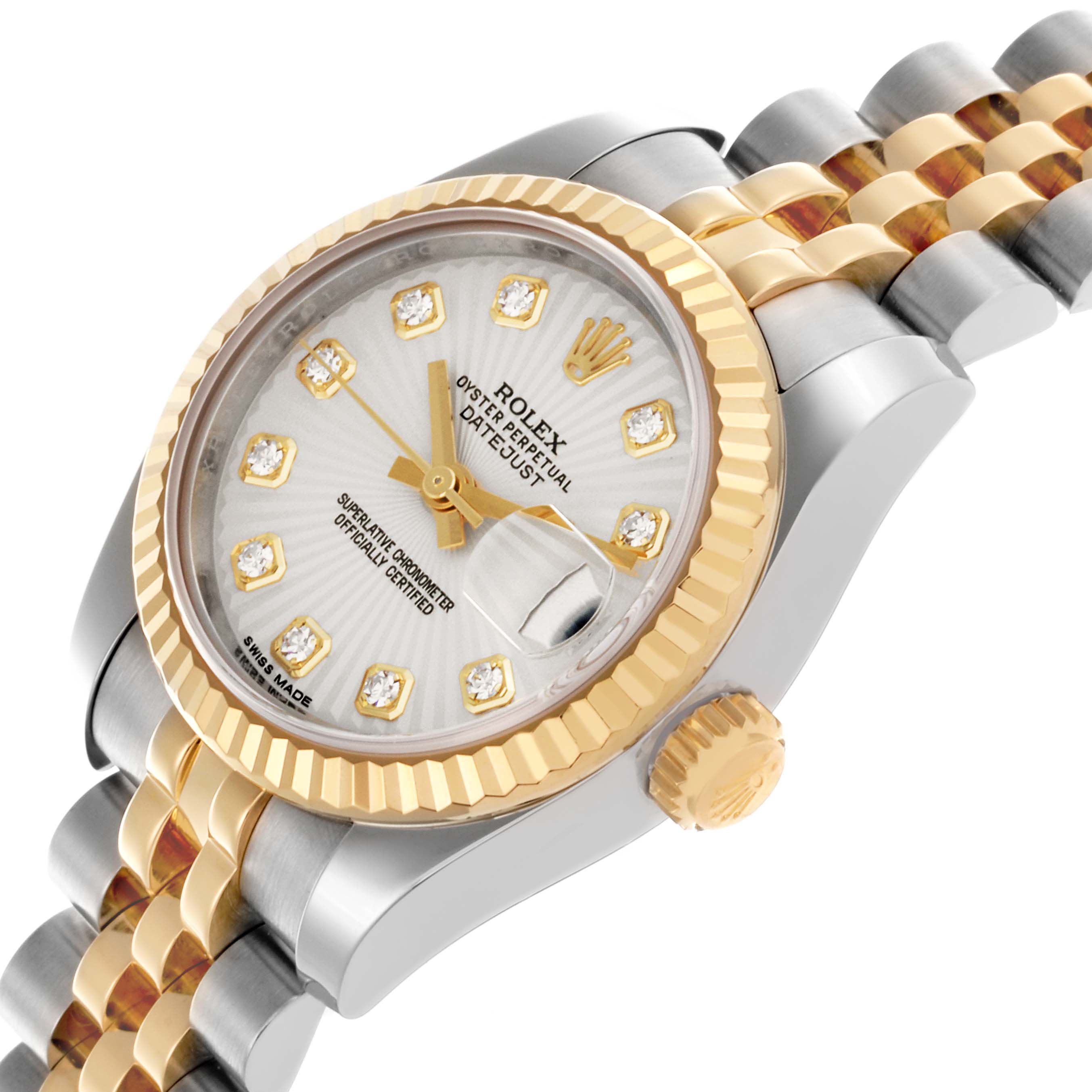 The Rolex Datejust 179173 Women's Steel and Gold (two tone) Silver Dial 179173 Women's Steel and Gold (two tone) Silver Dial watch is shown at an oblique angle, highlighting the dial, bezel, crown, and bracelet links.