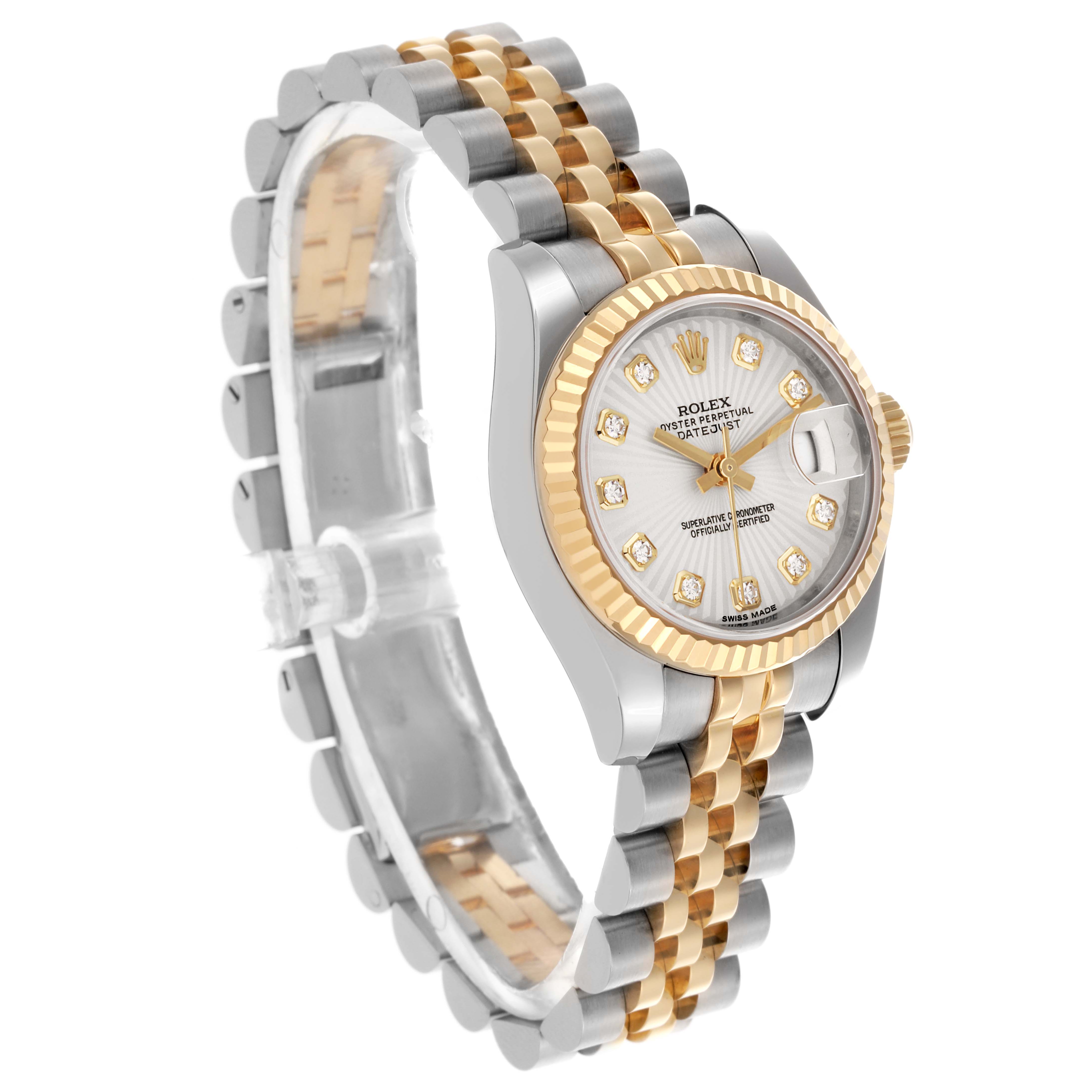 The Rolex Datejust 179173 Women's Steel and Gold (two tone) Silver Dial 179173 Women's Steel and Gold (two tone) Silver Dial watch is shown at a three-quarter angle, highlighting its face and two-tone bracelet.