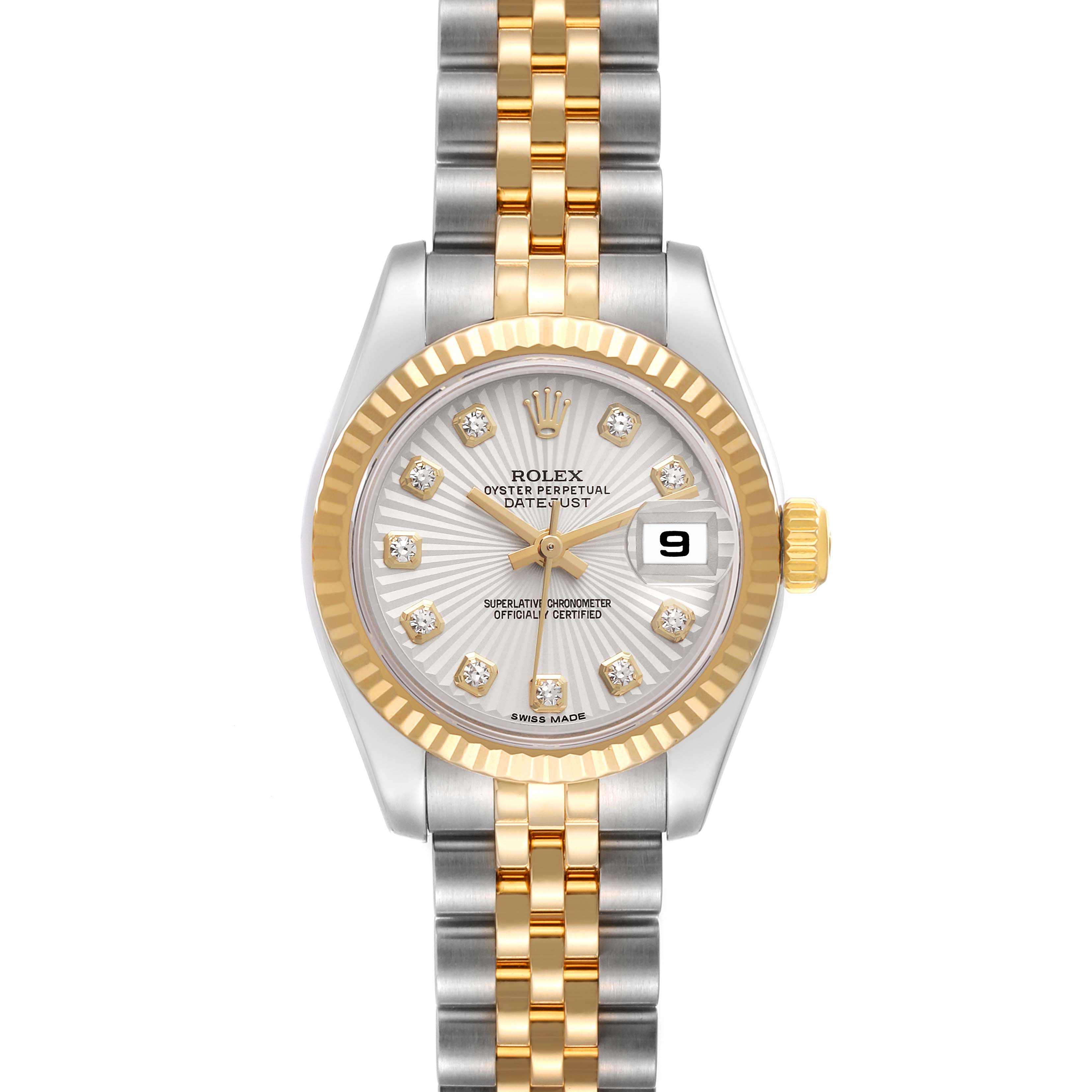 The Rolex Datejust 179173 Women's Steel and Gold (two tone) Silver Dial 179173 Women's Steel and Gold (two tone) Silver Dial is shown from a top-down angle, highlighting its two-tone bracelet, dial, date window, and fluted bezel.