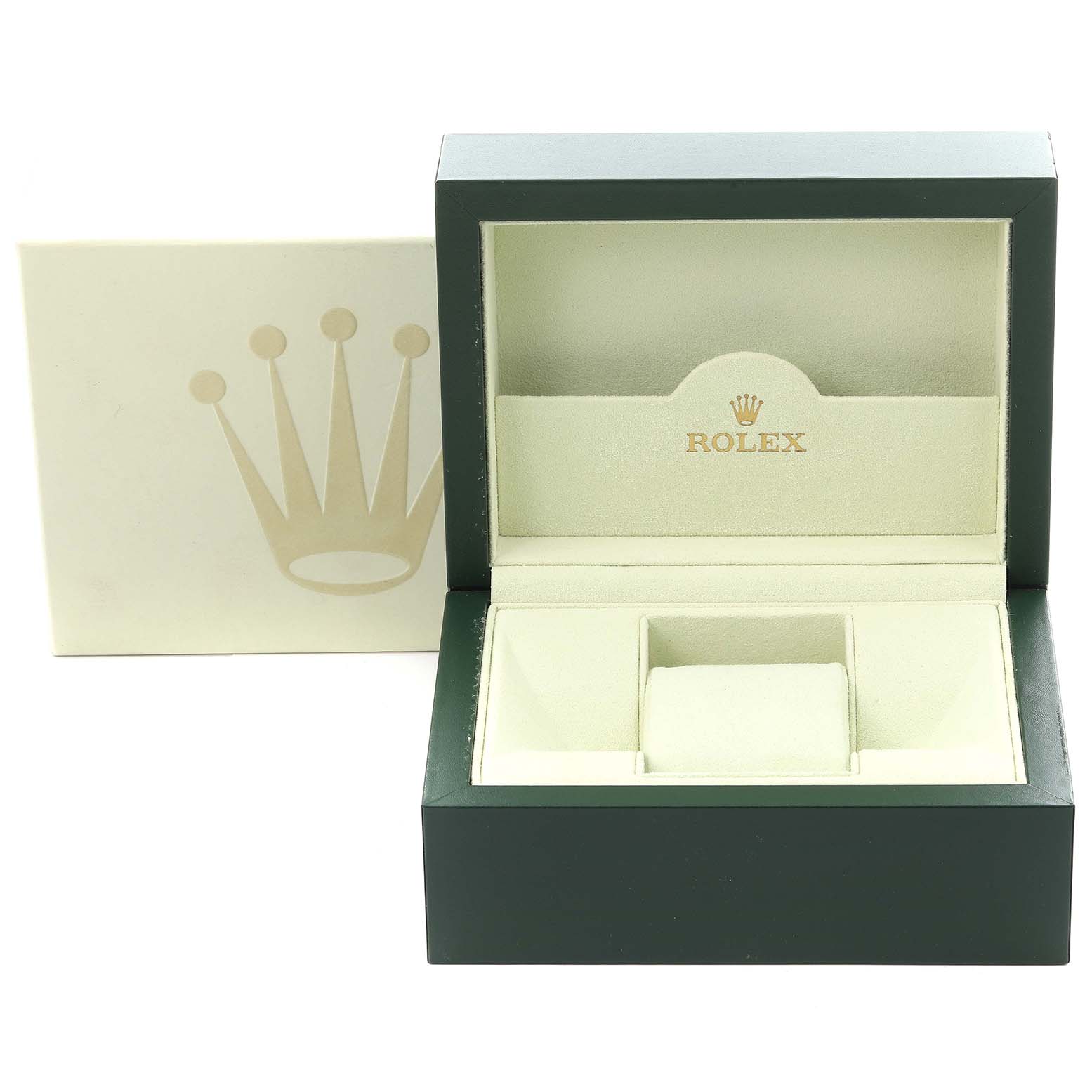 The image shows a Rolex Datejust 179173 Women's Steel and Gold (two tone) Silver Dial 179173 Women's Steel and Gold (two tone) Silver Dial model watch box, including the interior cushion and outer packaging at a straight angle.