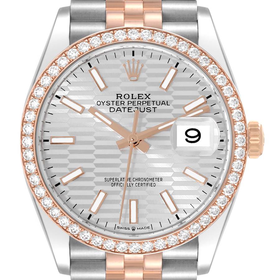 The image shows a frontal view of the Rolex Datejust, highlighting the dial, bezel, hands, and part of the bracelet.