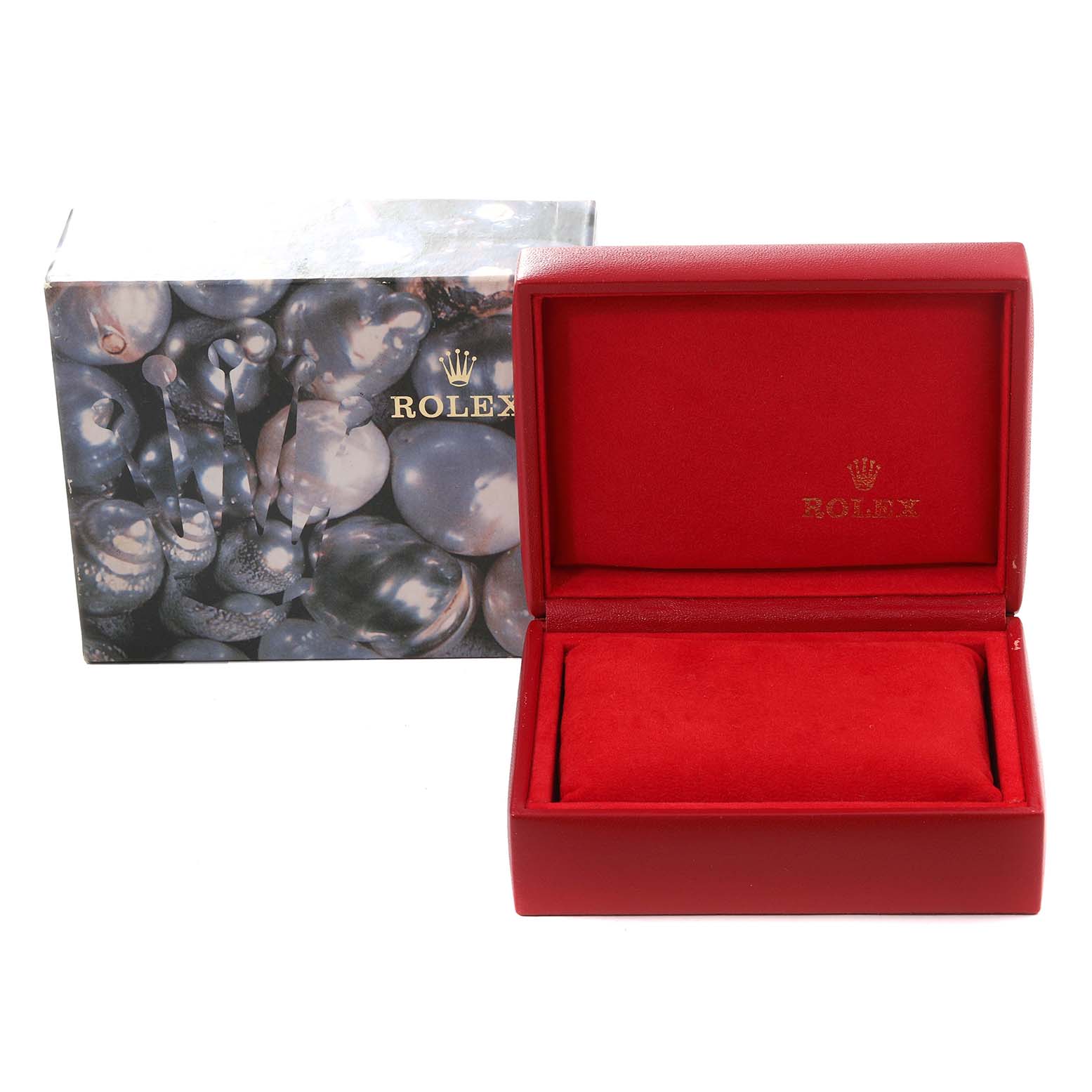 The image shows a Rolex Datejust 69173 Women's Steel and Gold (two tone) Champagne Dial 69173 Women's Steel and Gold (two tone) Champagne Dial watch's red presentation box and its decorated outer box.