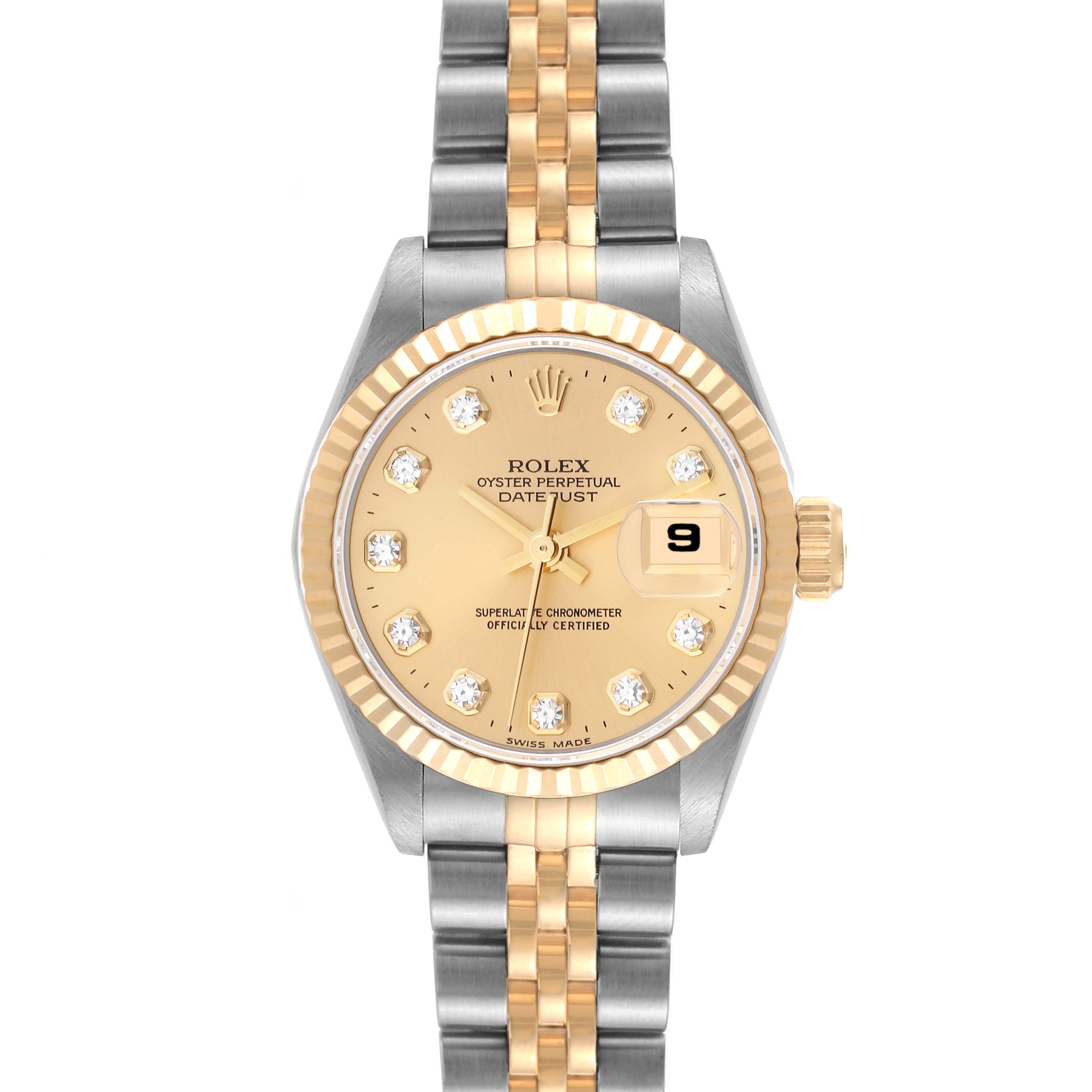 The image shows a frontal view of the Rolex Datejust 69173 Women's Steel and Gold (two tone) Champagne Dial 69173 Women's Steel and Gold (two tone) Champagne Dial watch, highlighting its two-tone bracelet, gold face, and date function.