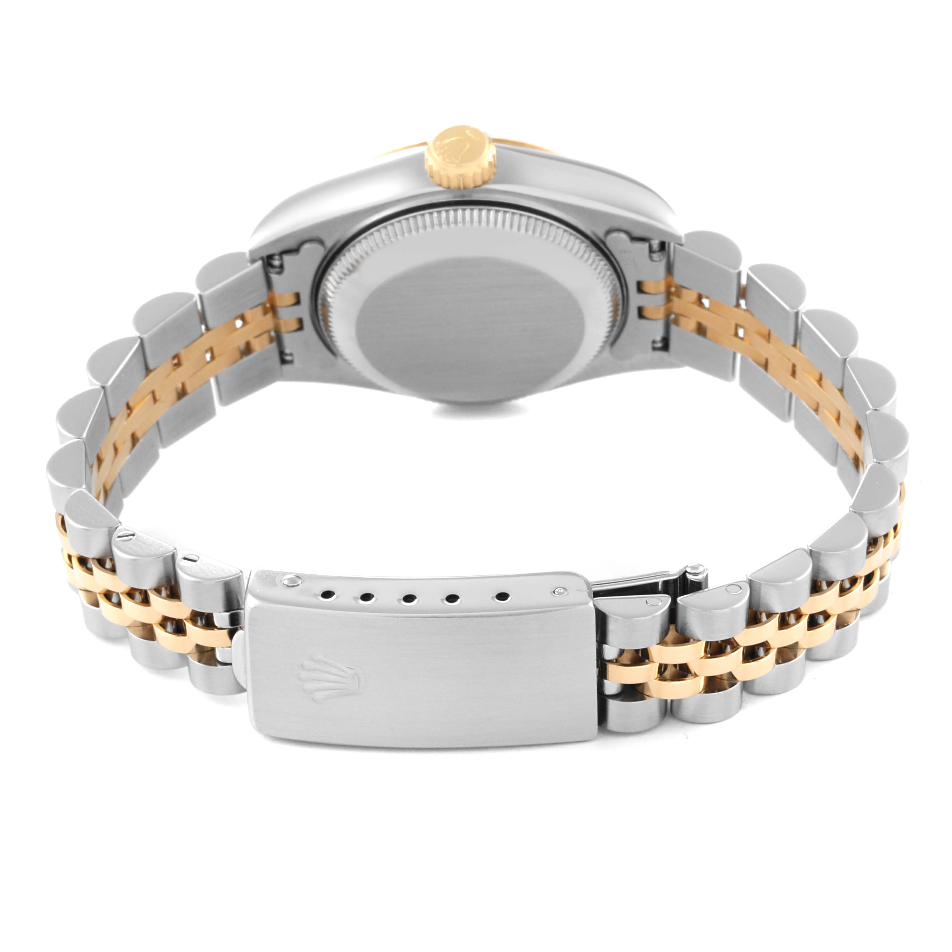 The image shows the back view of a Rolex Datejust 69173 Women's Steel and Gold (two tone) Champagne Dial 69173 Women's Steel and Gold (two tone) Champagne Dial watch, focusing on the case back and the two-tone Jubilee bracelet with the clasp.