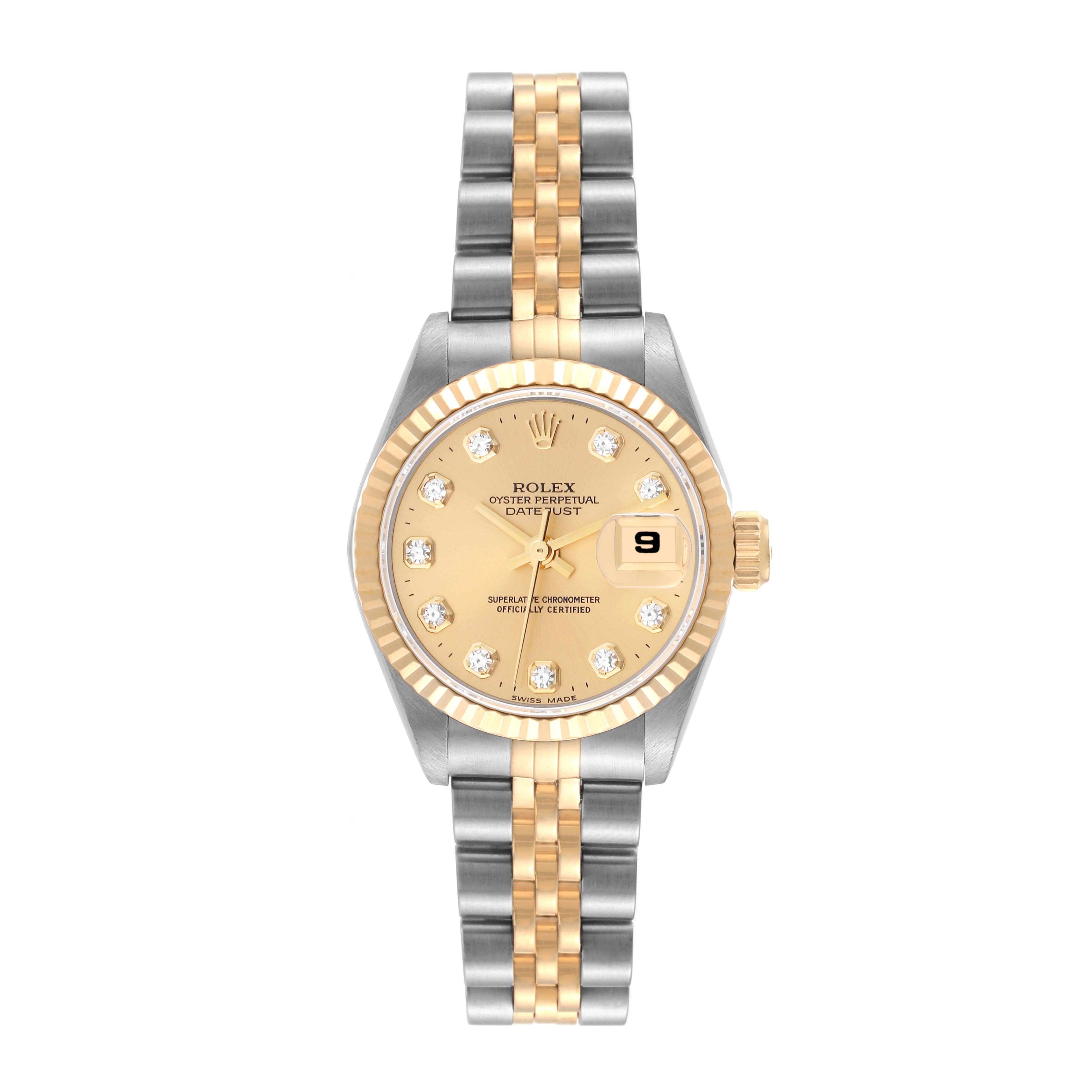 This is a front view of a Rolex Datejust 69173 Women's Steel and Gold (two tone) Champagne Dial 69173 Women's Steel and Gold (two tone) Champagne Dial watch, showing the dial, bezel, crown, and bracelet.