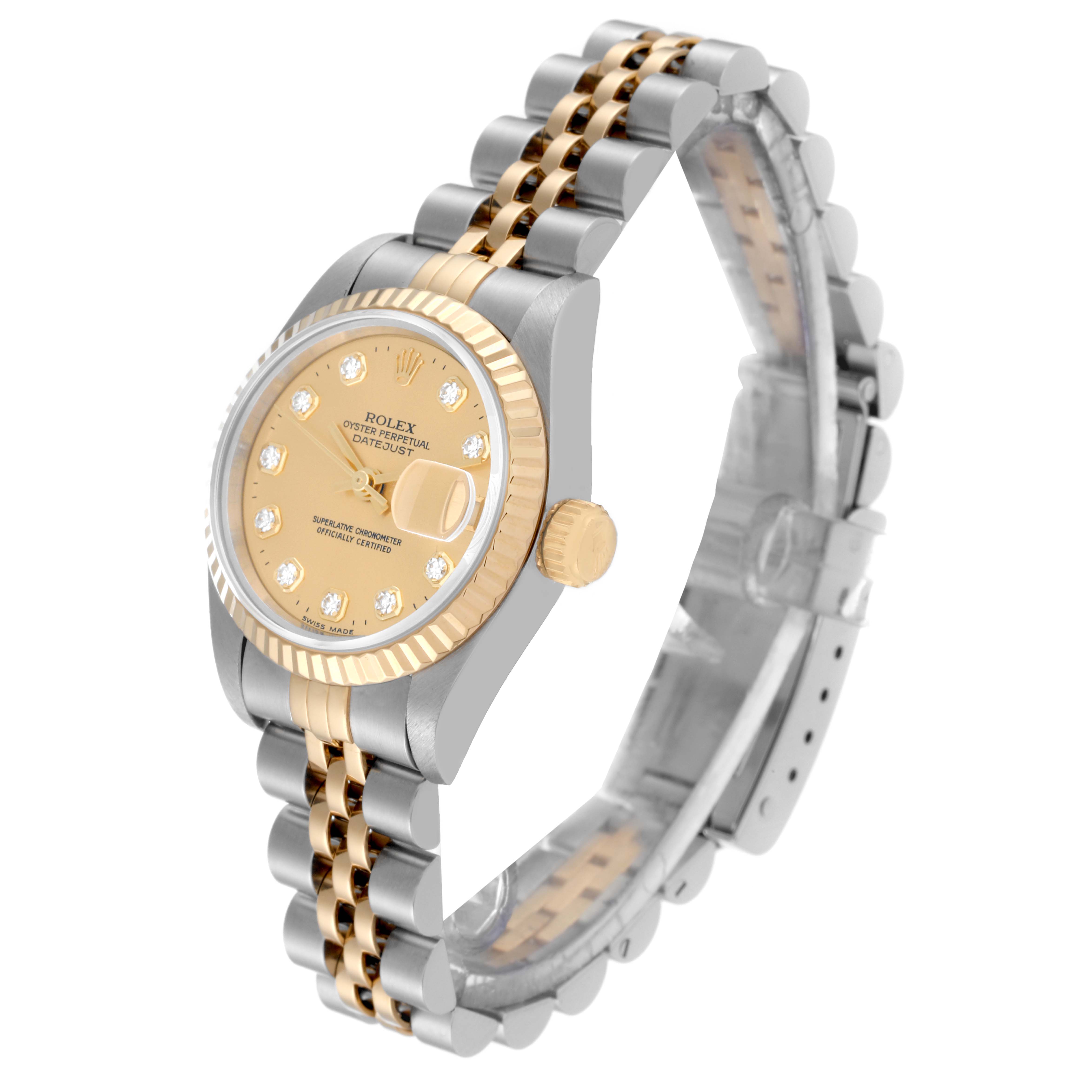 The image shows a Rolex Datejust 69173 Women's Steel and Gold (two tone) Champagne Dial 69173 Women's Steel and Gold (two tone) Champagne Dial watch at a slight angle showcasing its face, bezel, crown, and bracelet.