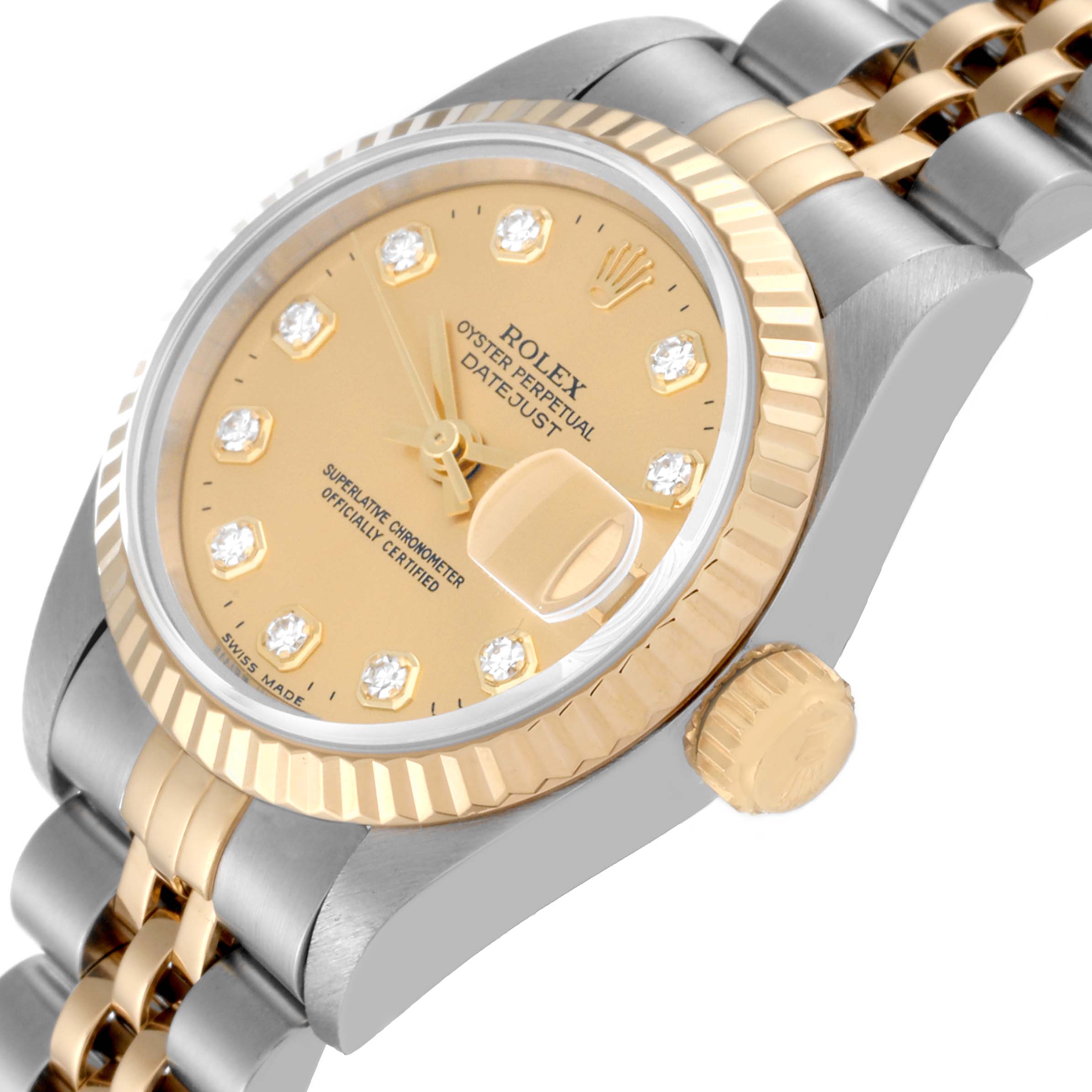 This image shows a close-up angled view of a Rolex Datejust 69173 Women's Steel and Gold (two tone) Champagne Dial 69173 Women's Steel and Gold (two tone) Champagne Dial watch, highlighting the dial, crown, and part of the bracelet.