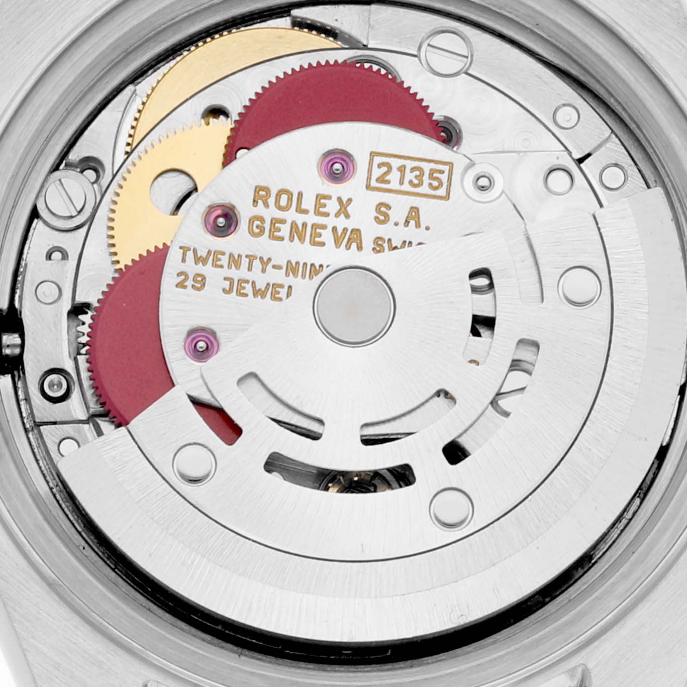 The image shows the inner mechanism of a Rolex Datejust 69173 Women's Steel and Gold (two tone) Champagne Dial 69173 Women's Steel and Gold (two tone) Champagne Dial model watch, focusing on the gears and rotor from a close-up angle.