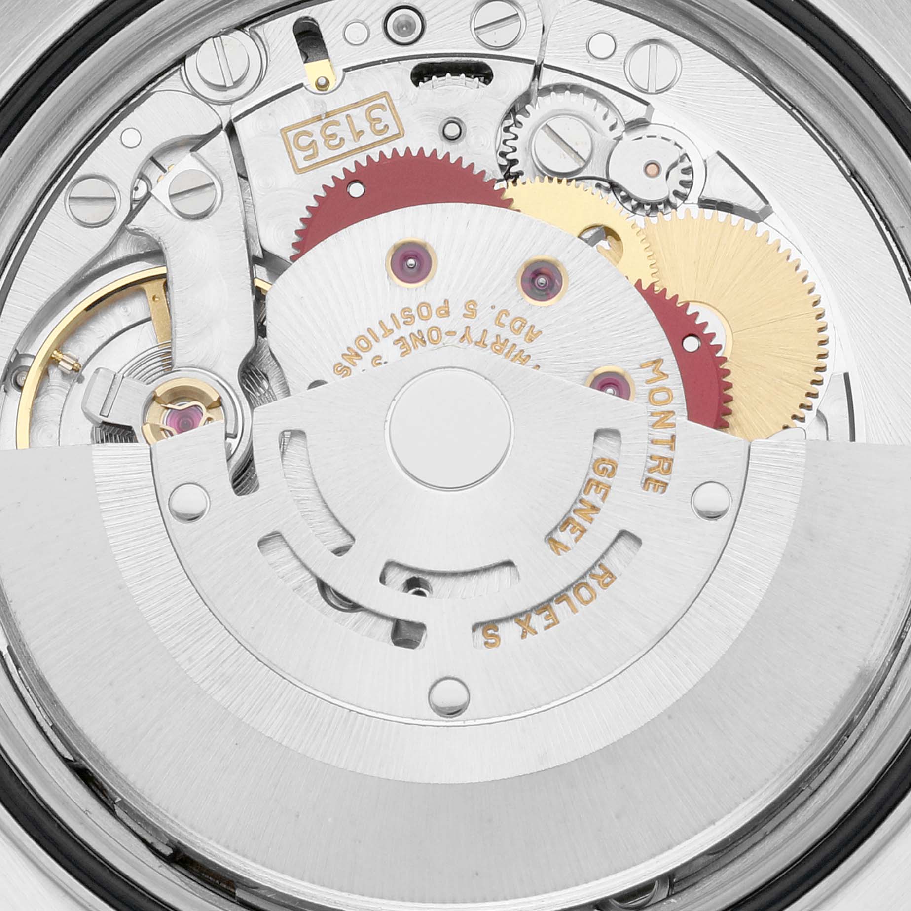 The image shows a detailed view of the movement mechanism of a Rolex Datejust 16233 Men's Steel and Gold (two tone) Champagne Dial 16233 Men's Steel and Gold (two tone) Champagne Dial watch, capturing gears and components from the back.