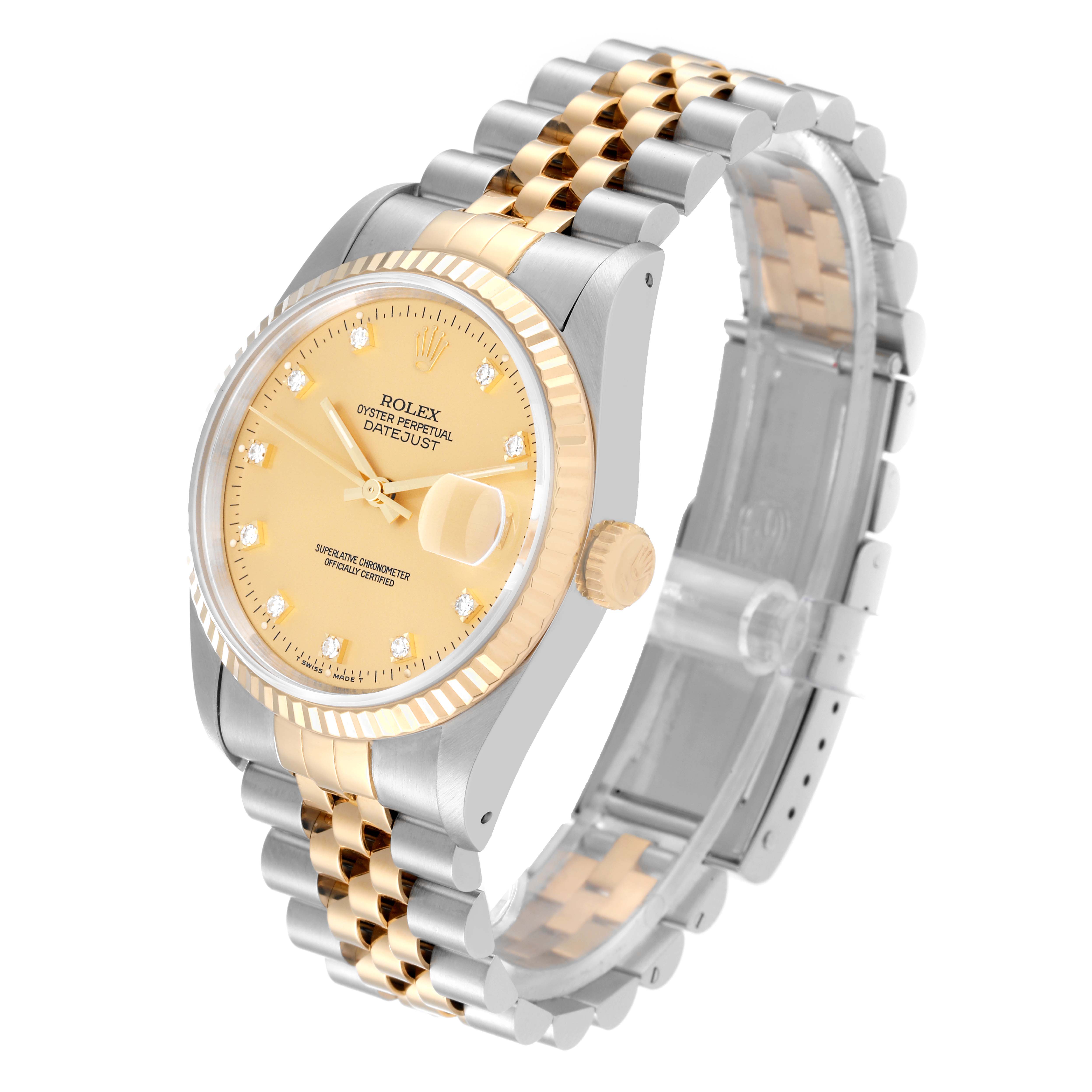The image shows a Rolex Datejust 16233 Men's Steel and Gold (two tone) Champagne Dial 16233 Men's Steel and Gold (two tone) Champagne Dial watch at a three-quarter angle, highlighting the dial, bezel, crown, and two-tone jubilee bracelet.