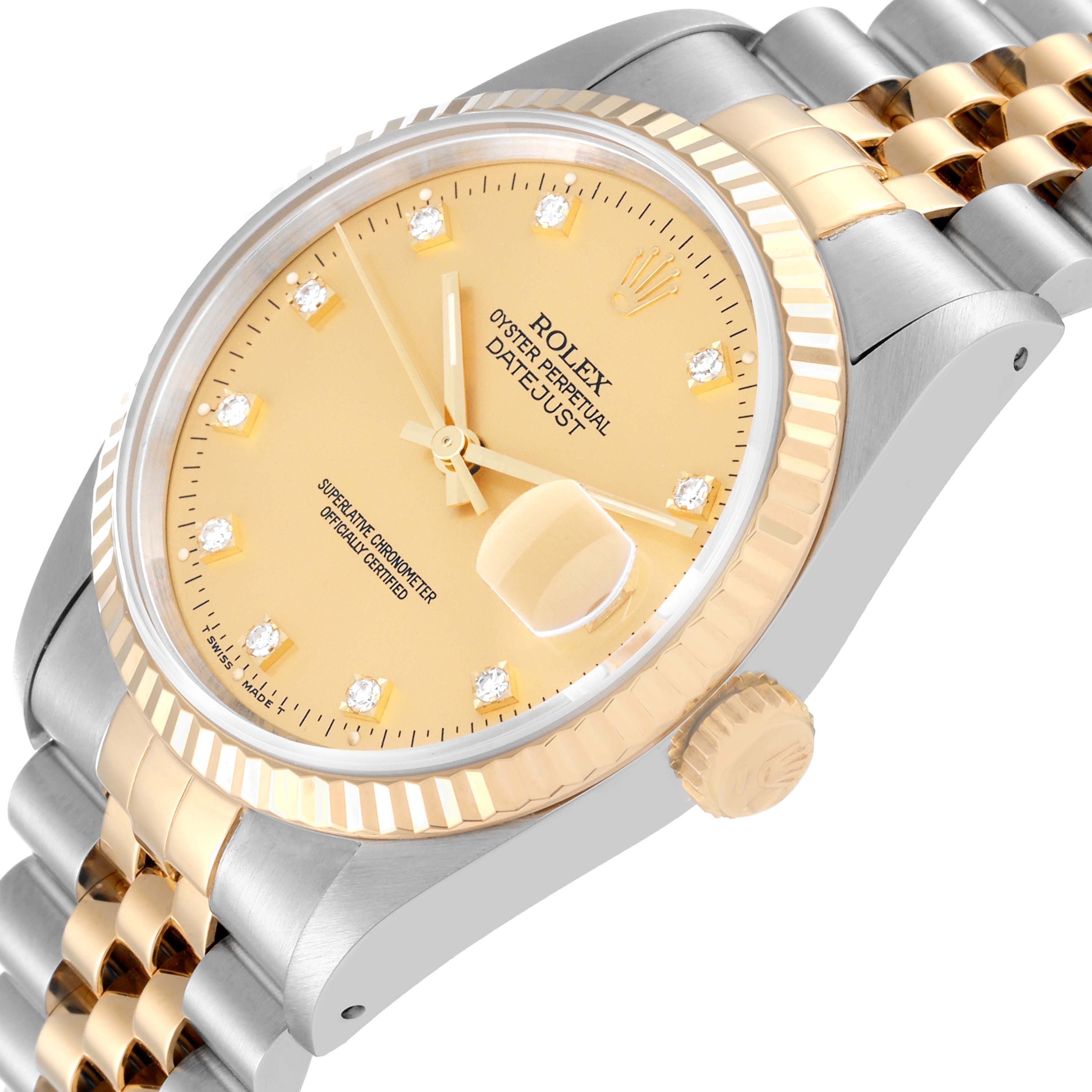 This image shows a close-up angled view of a Rolex Datejust 16233 Men's Steel and Gold (two tone) Champagne Dial 16233 Men's Steel and Gold (two tone) Champagne Dial watch, highlighting its dial, bezel, crown, and bracelet.