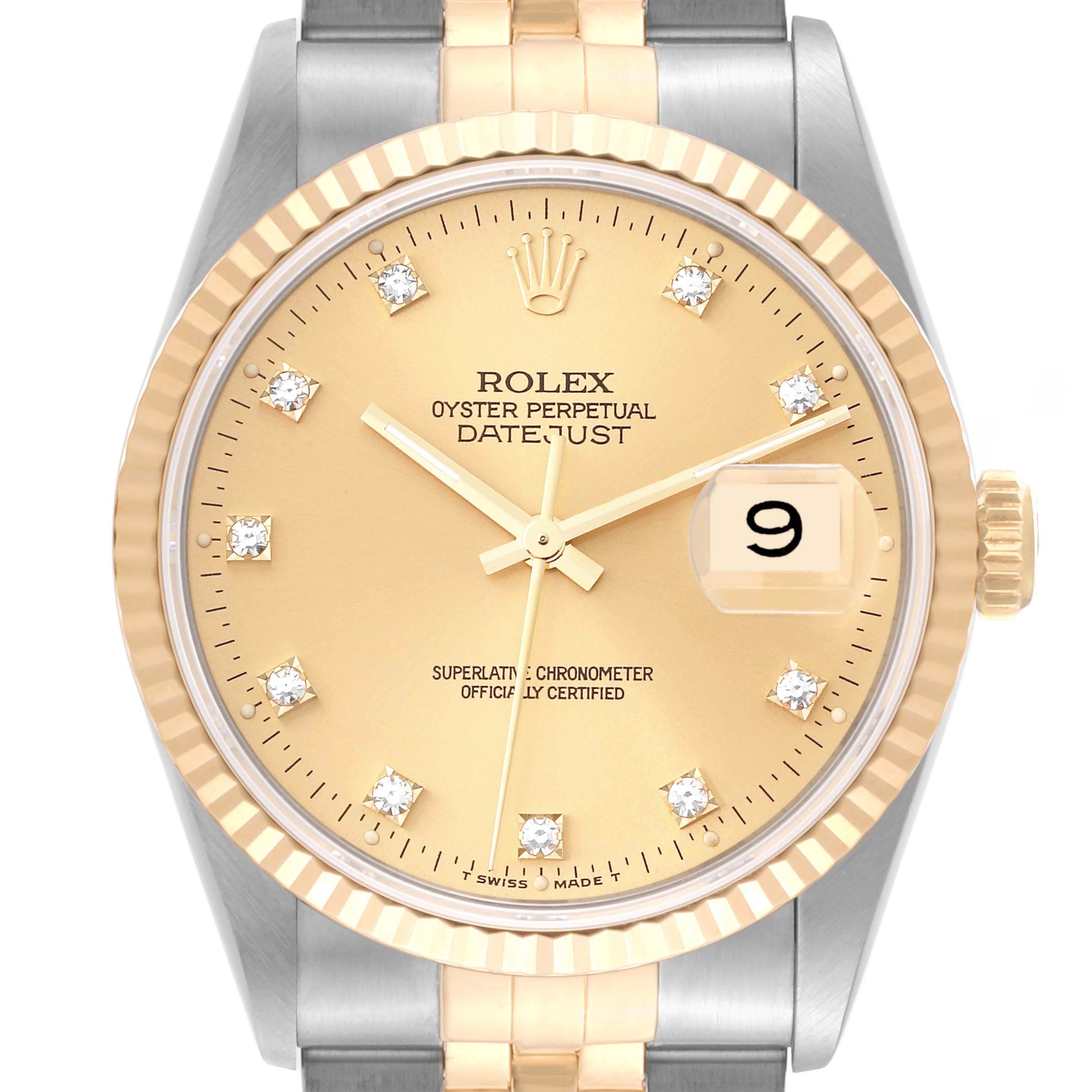 This image shows a frontal view of the Rolex Datejust 16233 Men's Steel and Gold (two tone) Champagne Dial 16233 Men's Steel and Gold (two tone) Champagne Dial watch, highlighting the face, bezel, and partial bracelet.