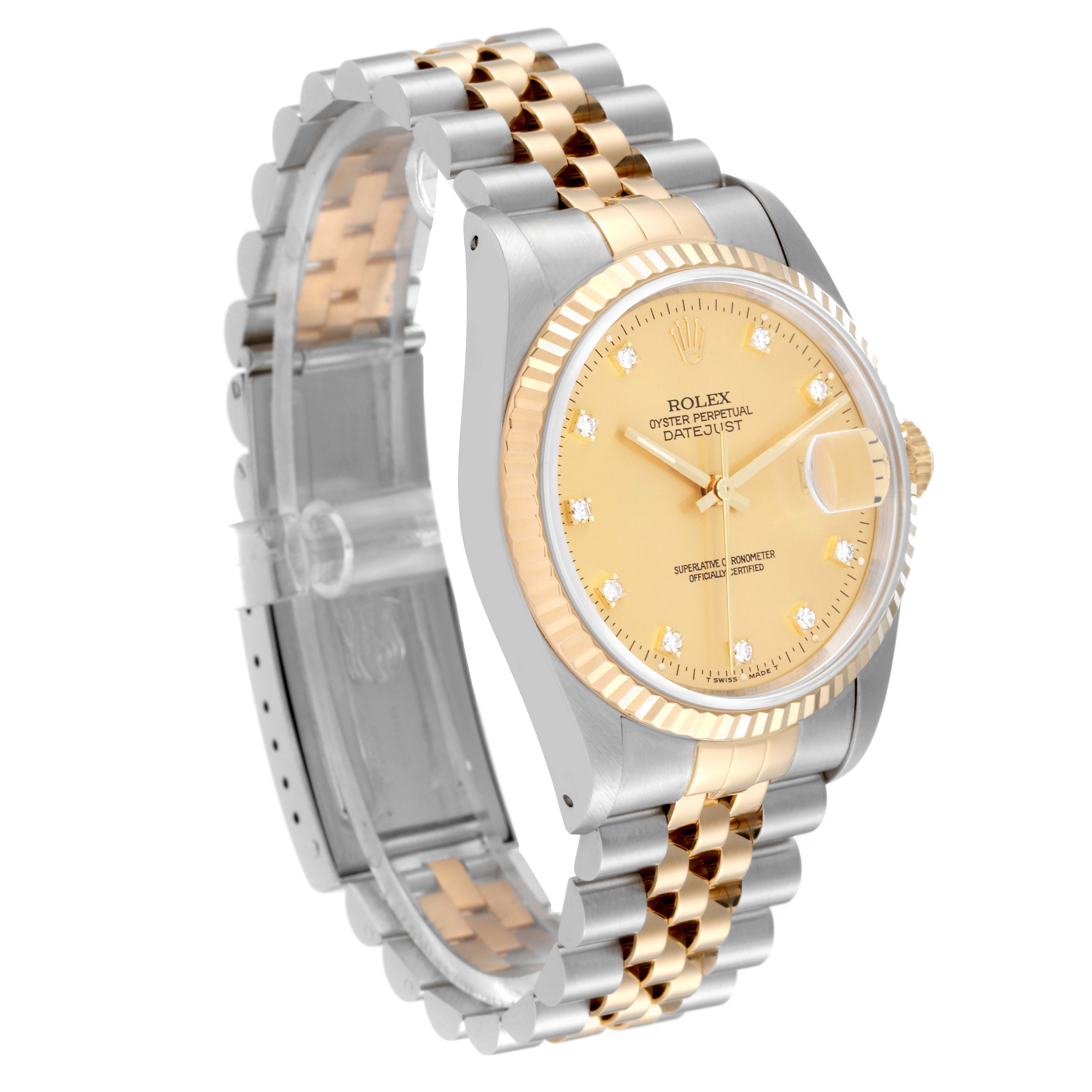 The Rolex Datejust 16233 Men's Steel and Gold (two tone) Champagne Dial 16233 Men's Steel and Gold (two tone) Champagne Dial watch is shown at a slight angle, highlighting the face, bezel, and two-tone bracelet.