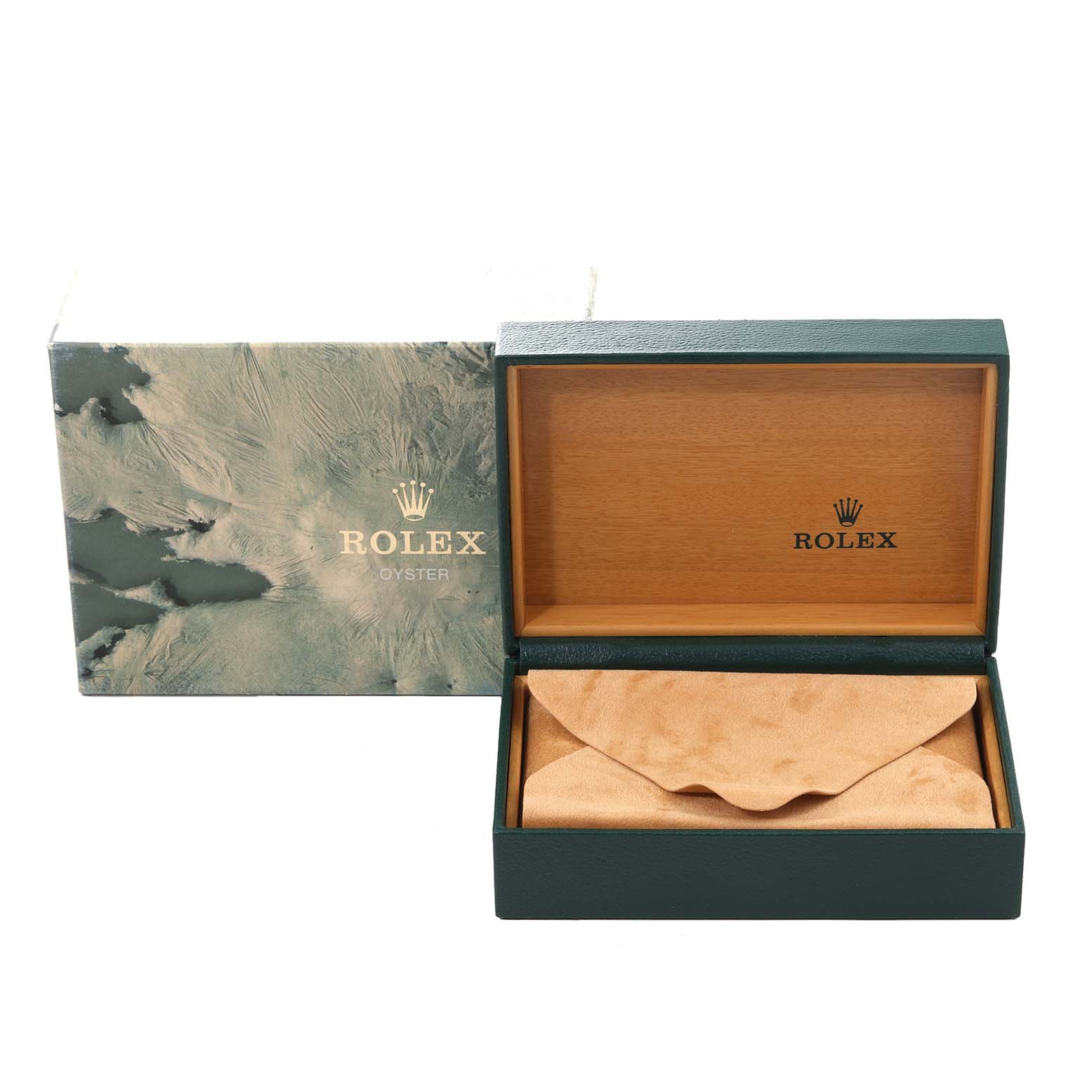 The image shows a Rolex Datejust 16233 Men's Steel and Gold (two tone) Champagne Dial 16233 Men's Steel and Gold (two tone) Champagne Dial watch box set, including the outer box and an open inner box with a suede watch cushion.