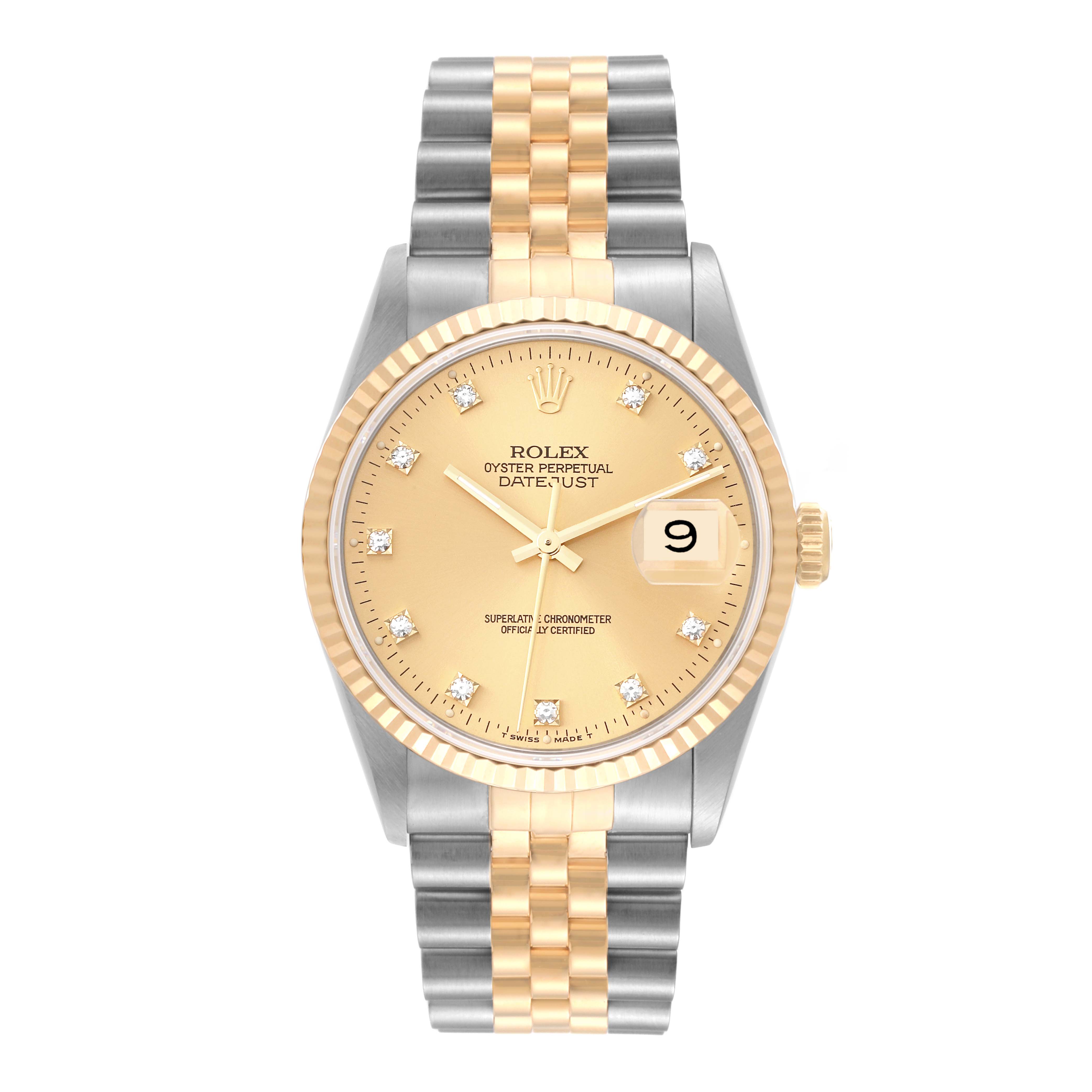 The image shows a front view of the Rolex Datejust 16233 Men's Steel and Gold (two tone) Champagne Dial 16233 Men's Steel and Gold (two tone) Champagne Dial watch, featuring a two-tone bracelet, fluted bezel, and champagne dial with date window.