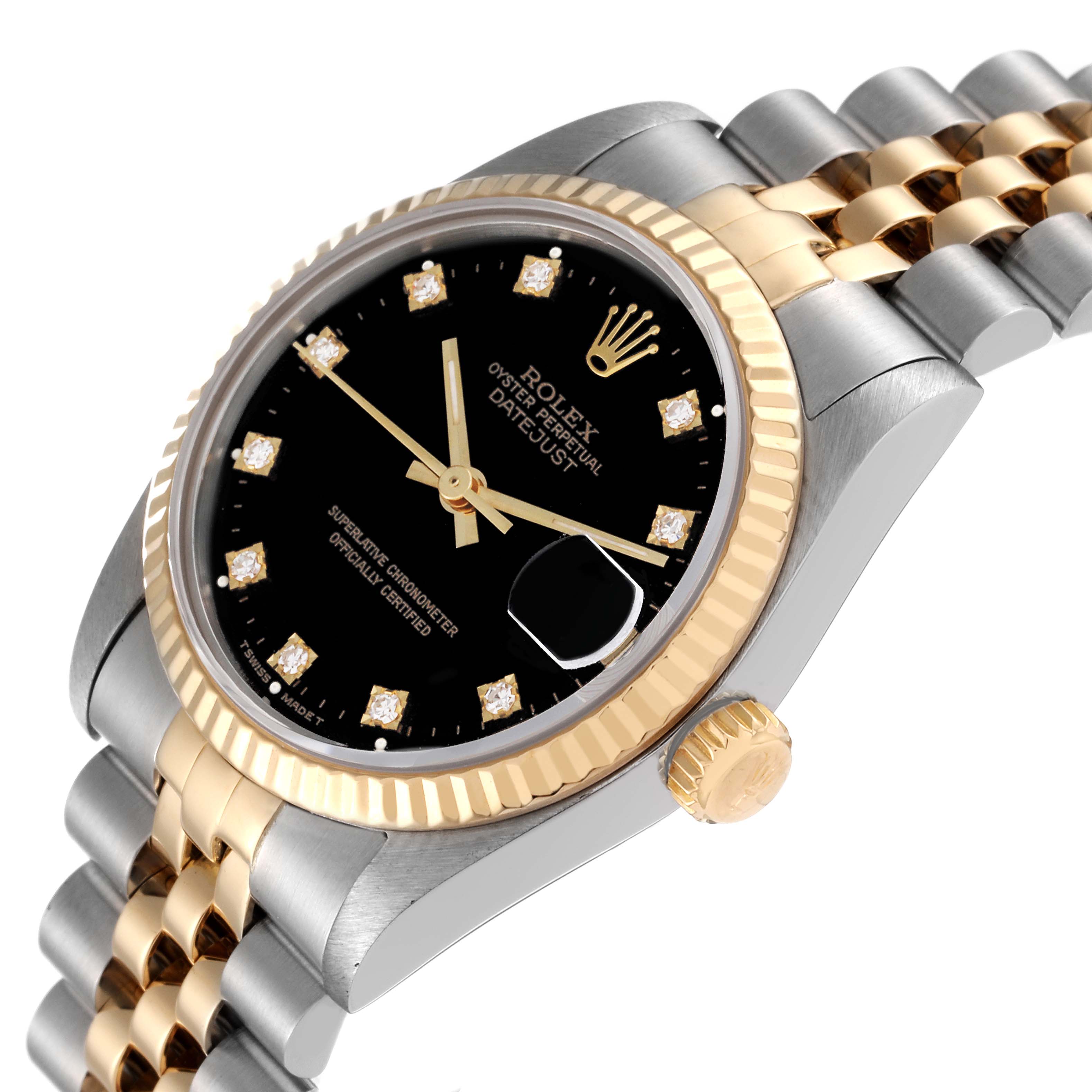 This image shows a Rolex Mid-Size 68273 Women
s Steel and Gold (two tone) Black Dial 68273 Women
s Steel and Gold (two tone) Black Dial watch at an angled close-up, highlighting the dial, bezel, crown, and bracelet.