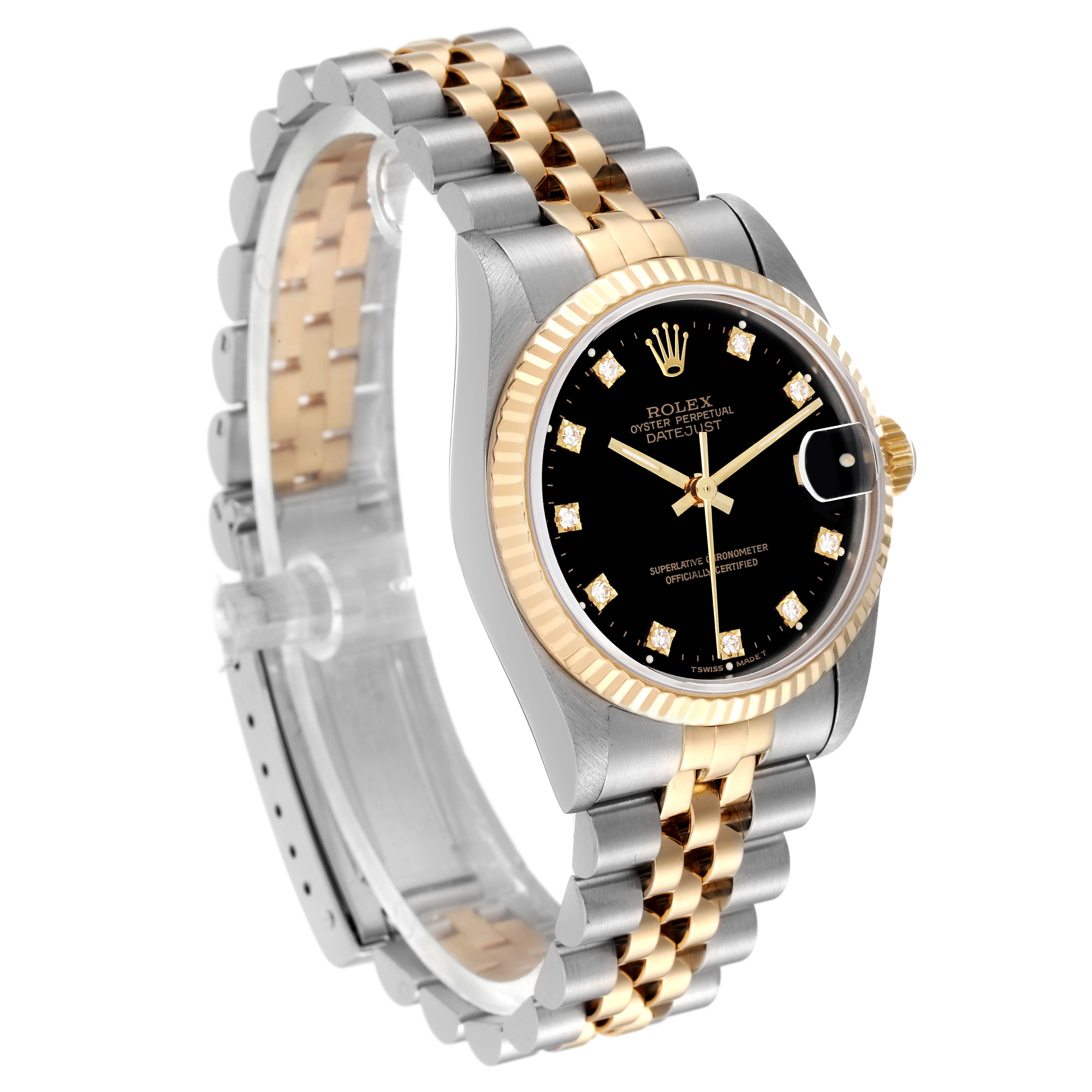 The image shows a side-angle view of a mid-size Rolex watch, highlighting its black dial, diamond markers, and bi-metal bracelet.