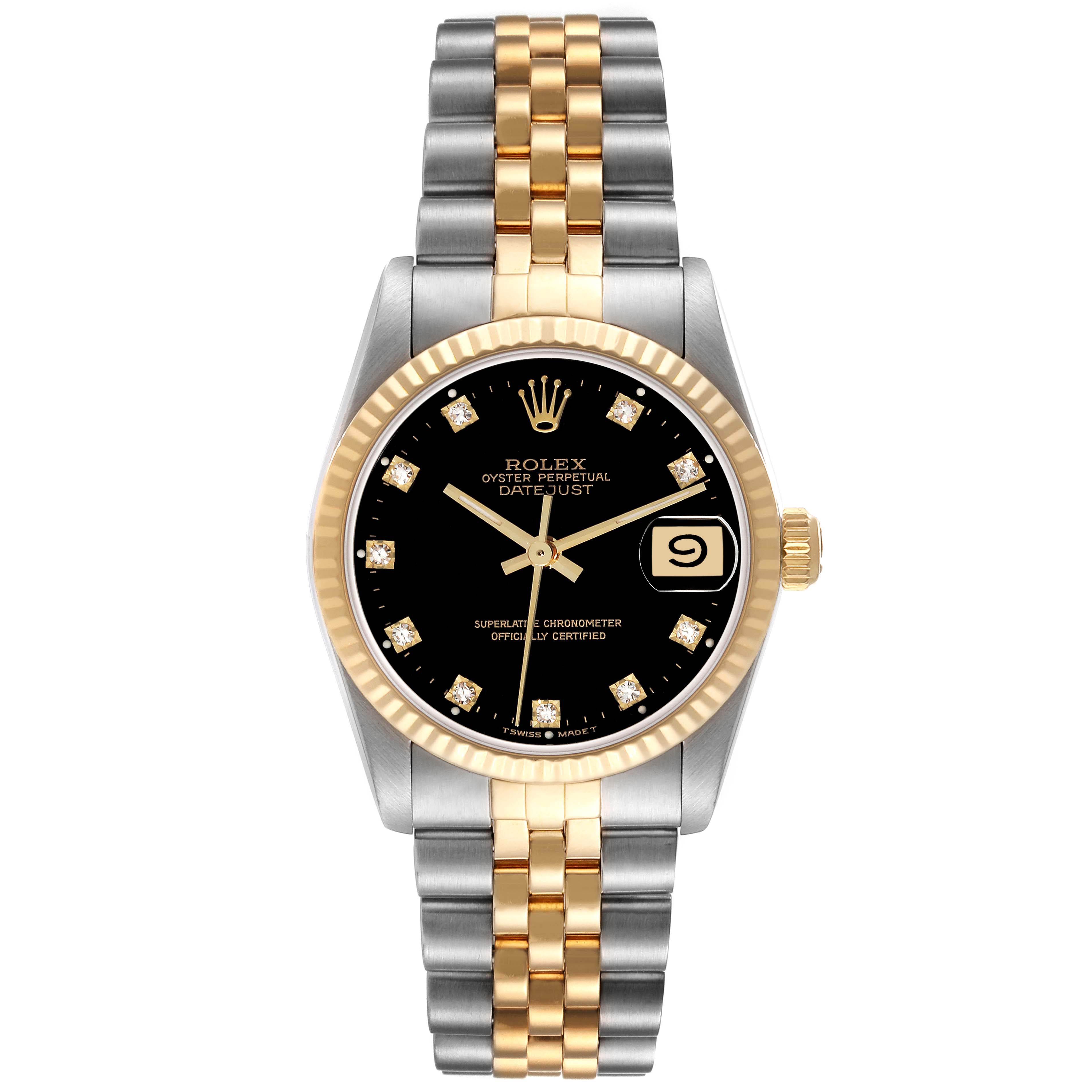 This Rolex Datejust Mid-Size watch is shown from a straight-on angle, highlighting its two-tone bracelet, black dial, and date window.