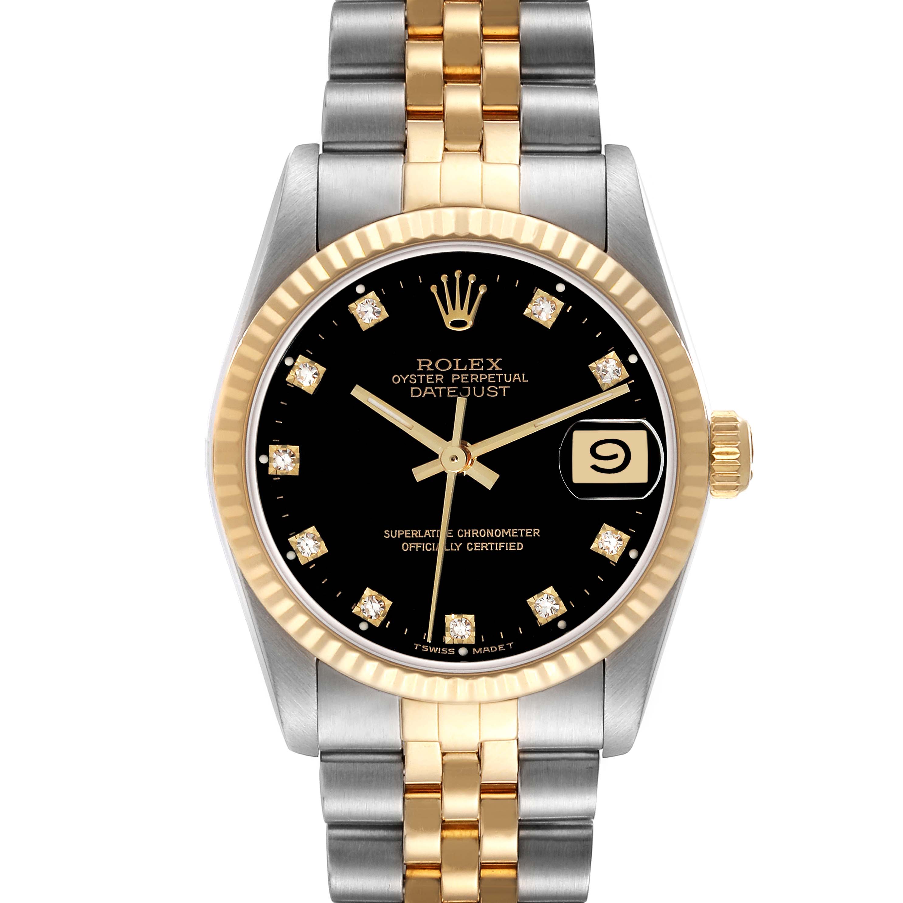 The Rolex Mid-Size 68273 Women
s Steel and Gold (two tone) Black Dial 68273 Women
s Steel and Gold (two tone) Black Dial Oyster Perpetual Datejust is shown from the front, featuring its black dial, fluted bezel, and two-tone bracelet.