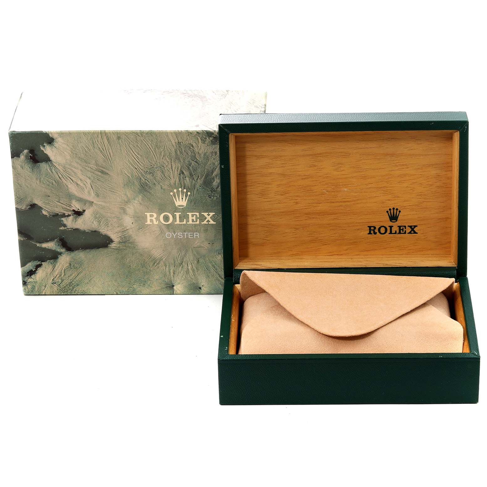 The image shows the Rolex Mid-Size 68273 Women
s Steel and Gold (two tone) Black Dial 68273 Women
s Steel and Gold (two tone) Black Dial watch packaging, including an outer box and an open inner wooden box with the Rolex logo.