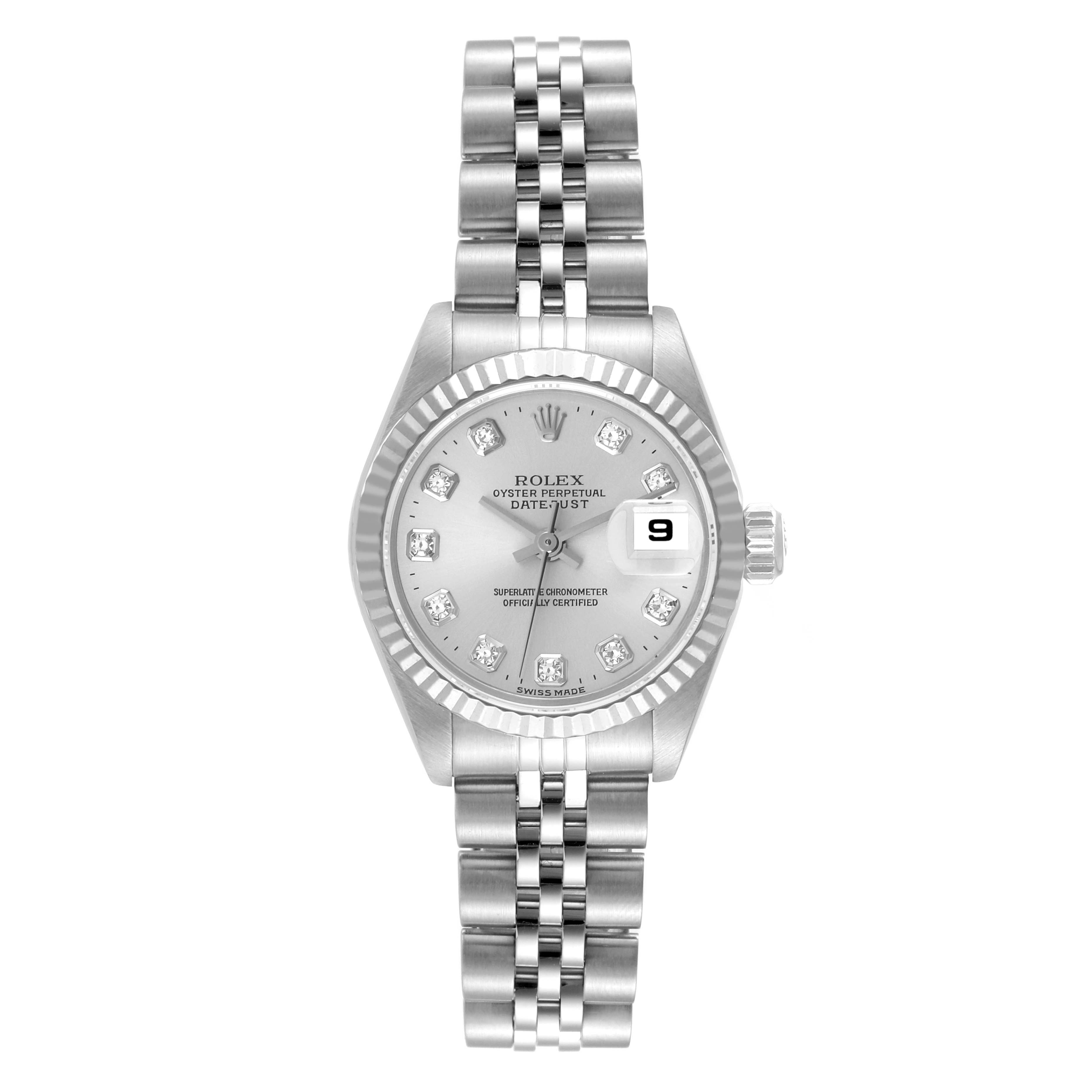This image shows a Rolex Datejust 69174 Women's Stainless Steel Silver Dial 69174 Women's Stainless Steel Silver Dial watch from a front view, displaying the dial, bezel, case, and bracelet.