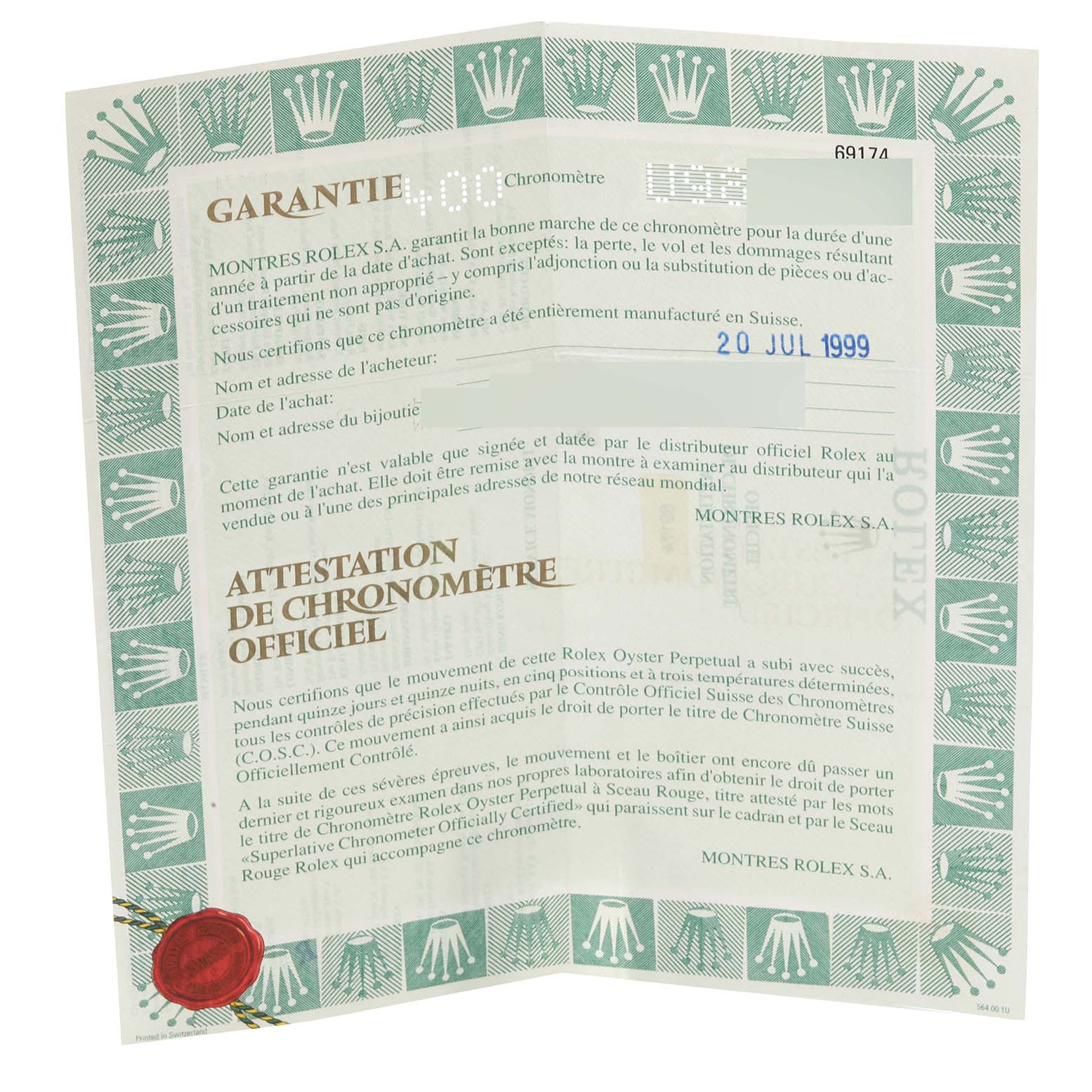 The image shows the guarantee and official chronometer certification for a Rolex Datejust 69174 Women's Stainless Steel Silver Dial 69174 Women's Stainless Steel Silver Dial model.