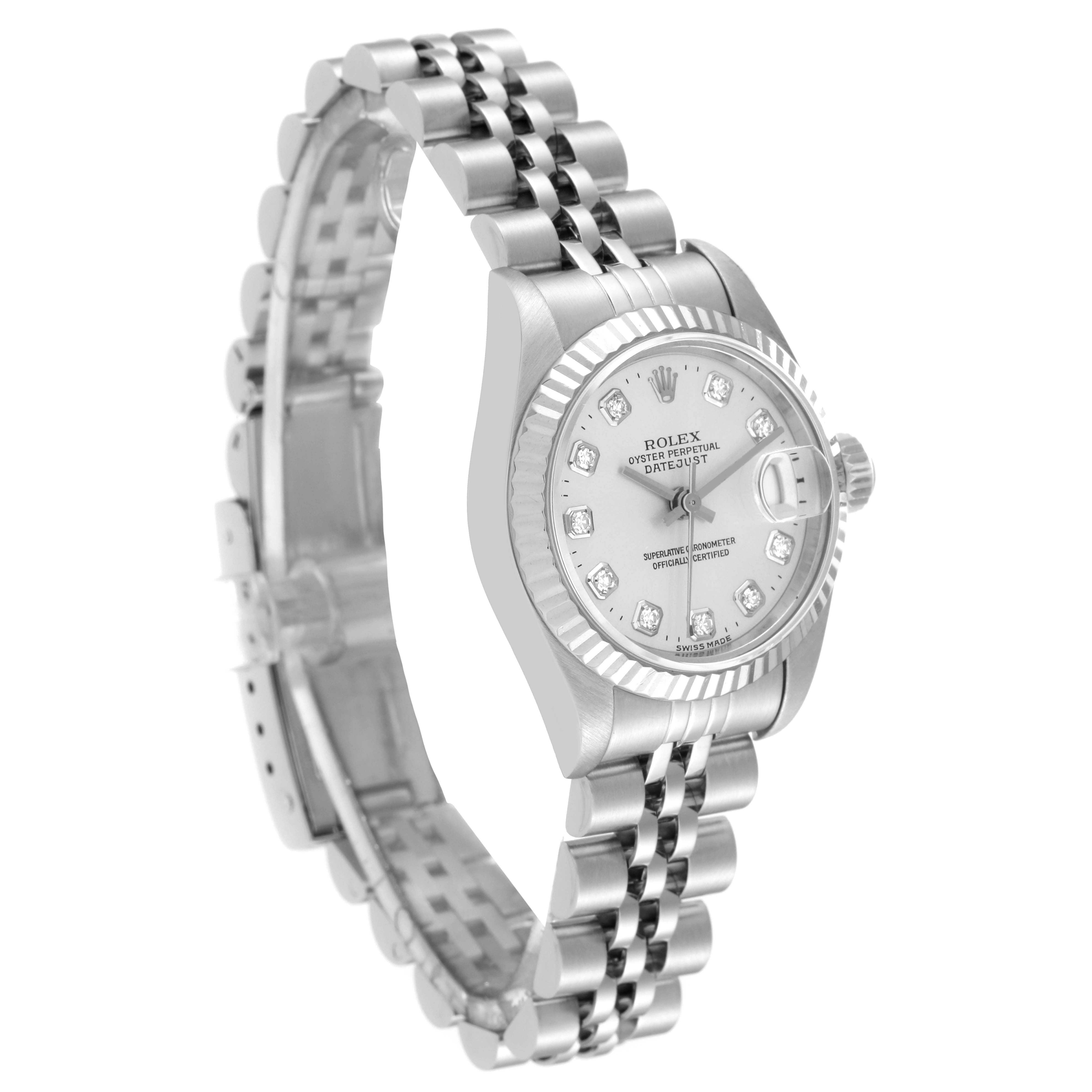 This Rolex Datejust 69174 Women's Stainless Steel Silver Dial 69174 Women's Stainless Steel Silver Dial watch is shown at a slight angle, showcasing the dial, bracelet, clasp, and bezel.