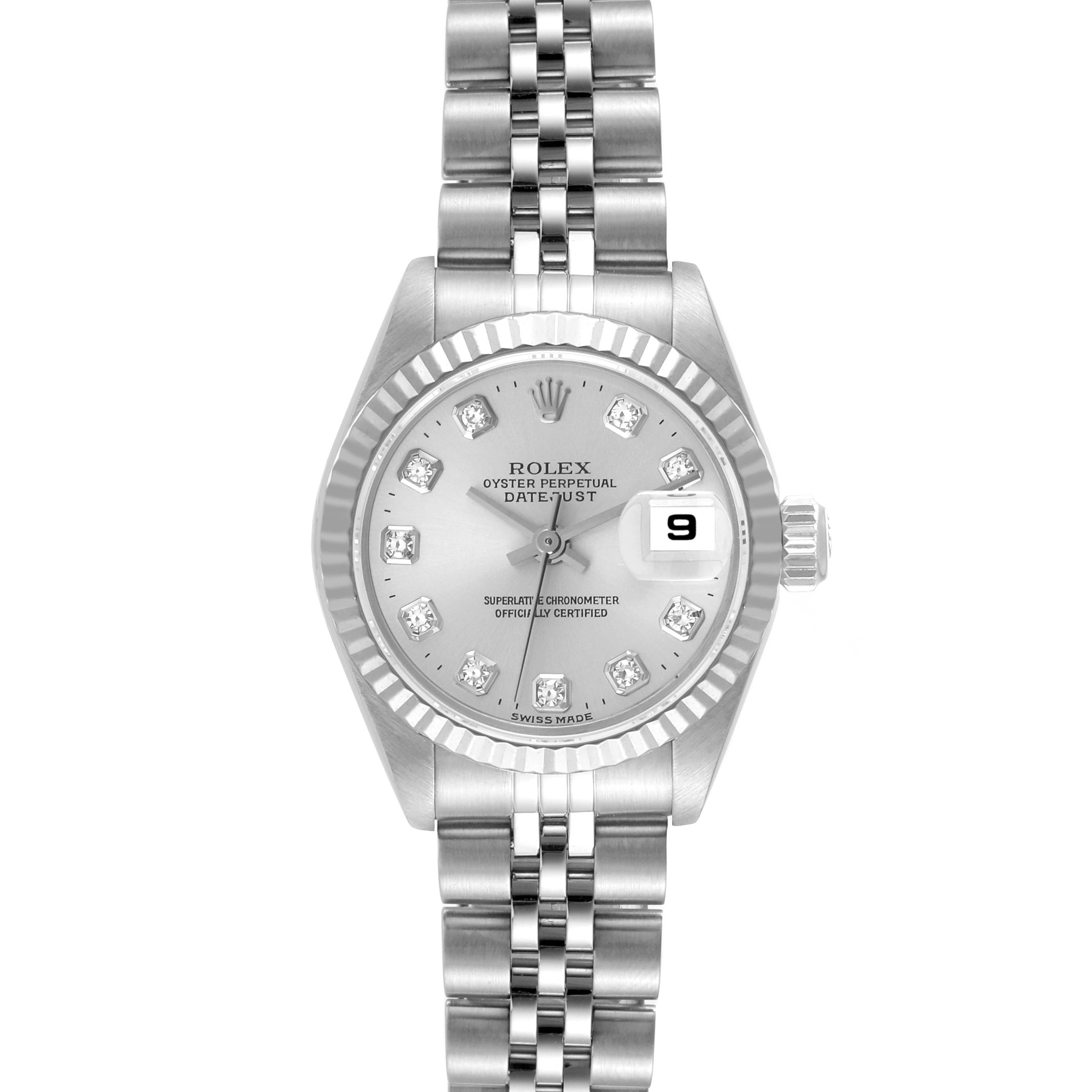 The Rolex Datejust 69174 Women's Stainless Steel Silver Dial 69174 Women's Stainless Steel Silver Dial watch is shown from a top-down angle, highlighting its face, bezel, and bracelet.