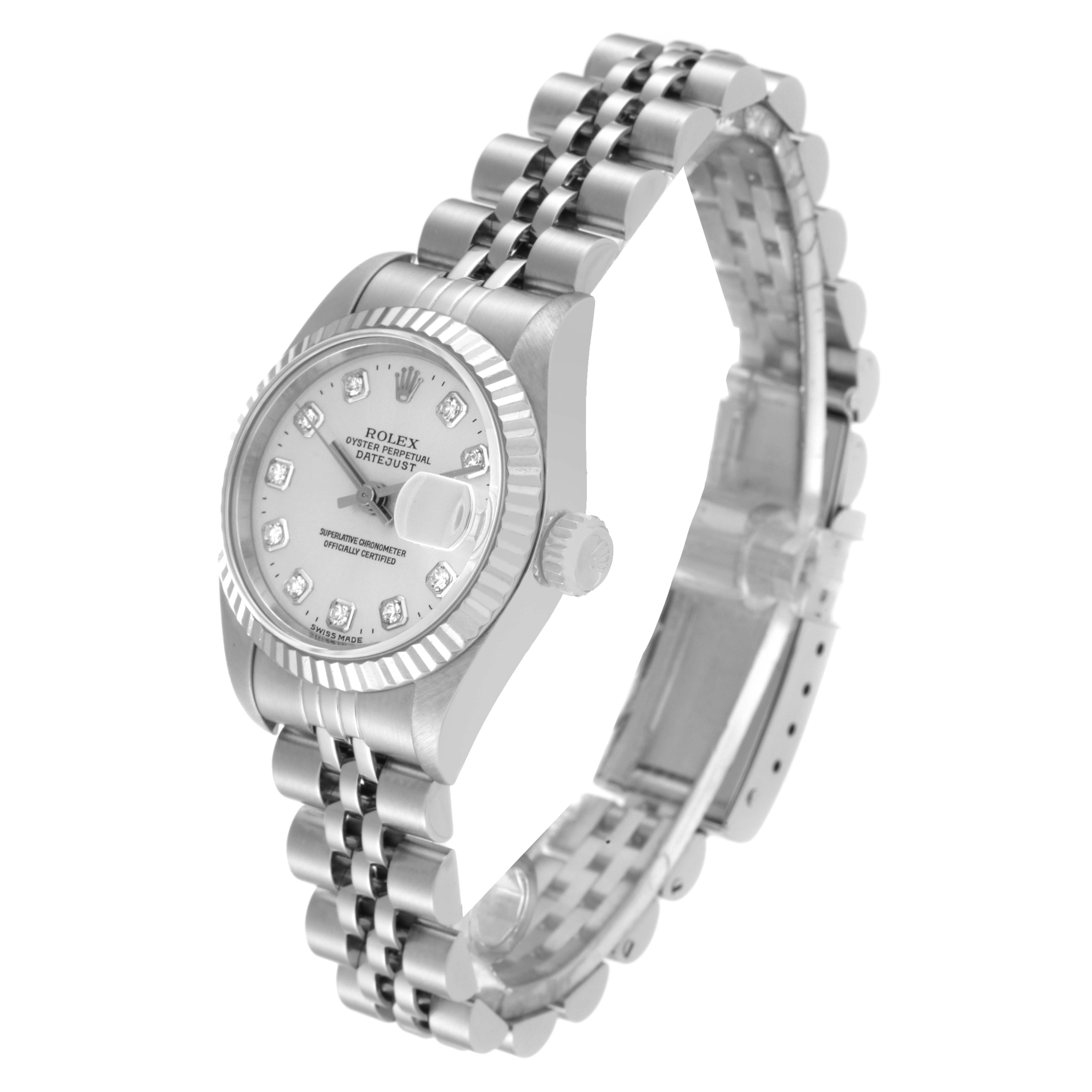 The image shows a Rolex Datejust 69174 Women's Stainless Steel Silver Dial 69174 Women's Stainless Steel Silver Dial watch at an angled top view displaying the face, crown, and part of the bracelet.