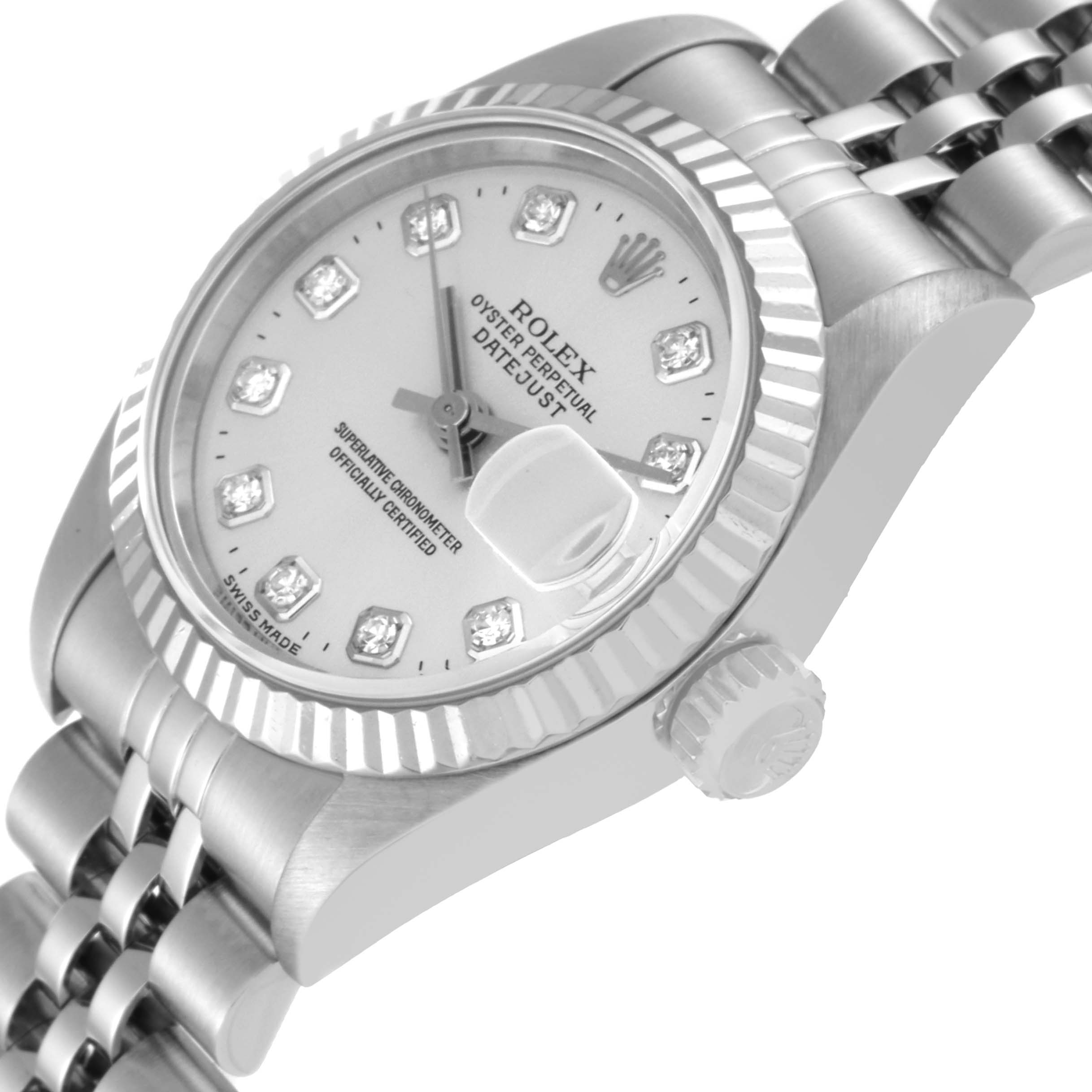 The image shows a Rolex Datejust 69174 Women's Stainless Steel Silver Dial 69174 Women's Stainless Steel Silver Dial model watch at an angle highlighting its face, crown, and part of the bracelet.