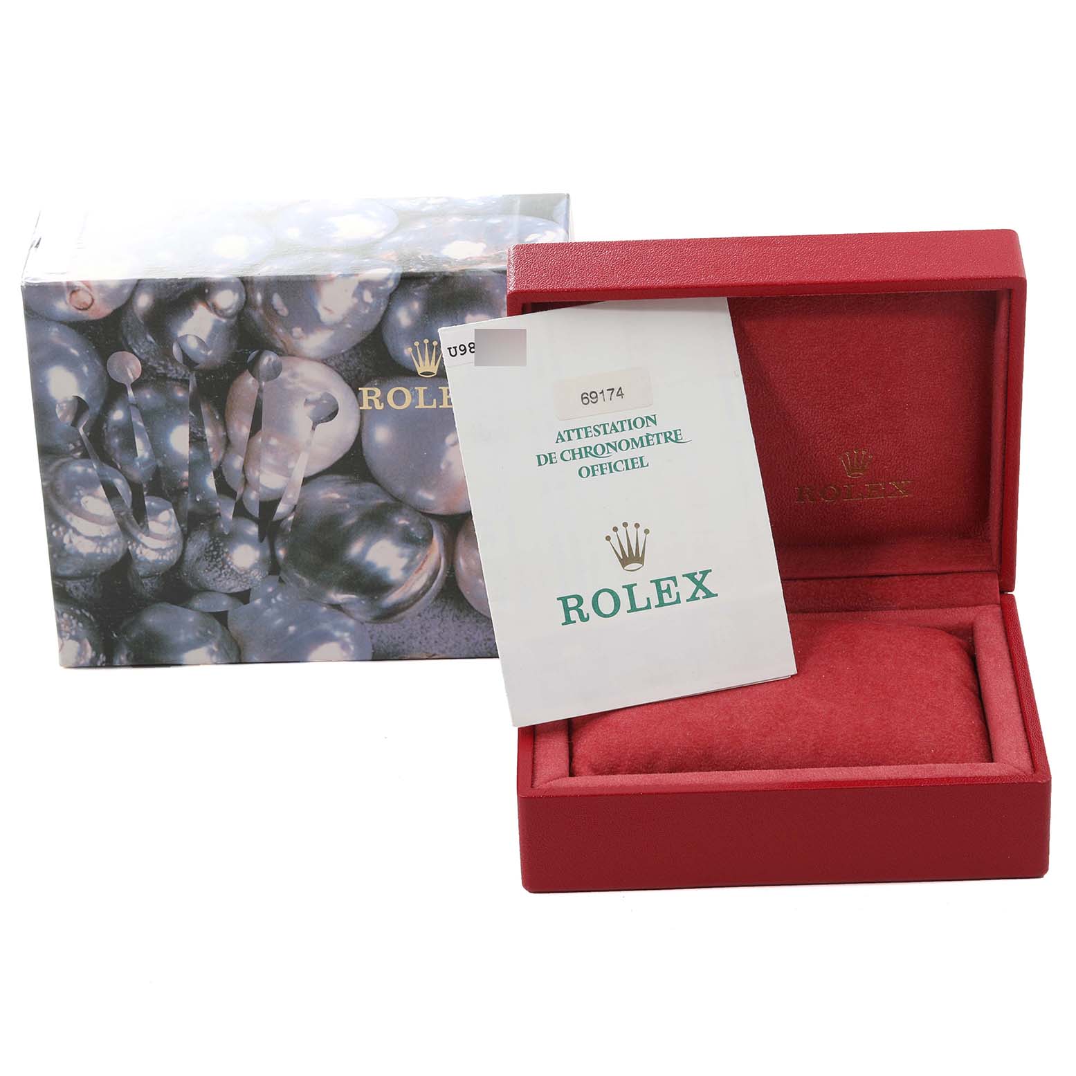 The image shows the Rolex Datejust 69174 Women's Stainless Steel Silver Dial 69174 Women's Stainless Steel Silver Dial packaging box and certificate, with the box open to display its inside.