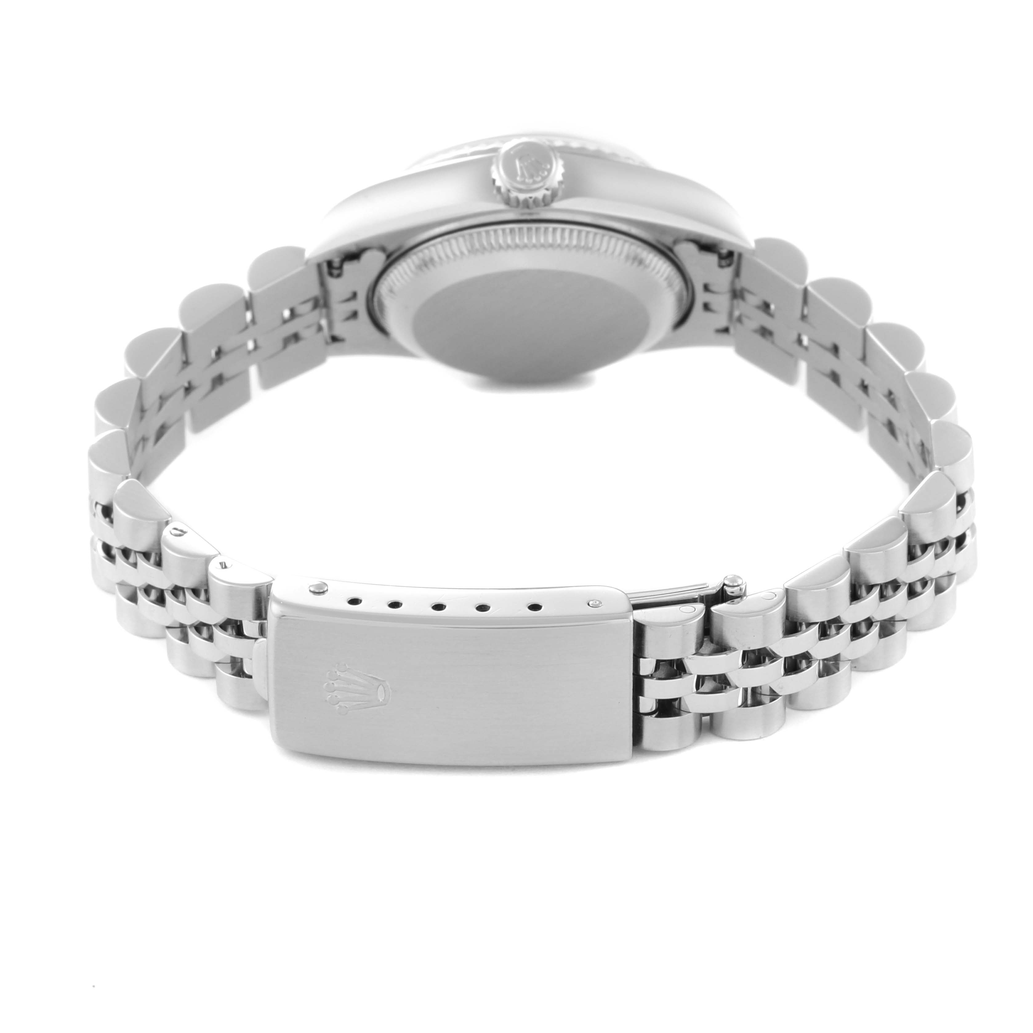 This image shows the back view of a Rolex Datejust 69174 Women's Stainless Steel Silver Dial 69174 Women's Stainless Steel Silver Dial watch, highlighting the clasp and bracelet.