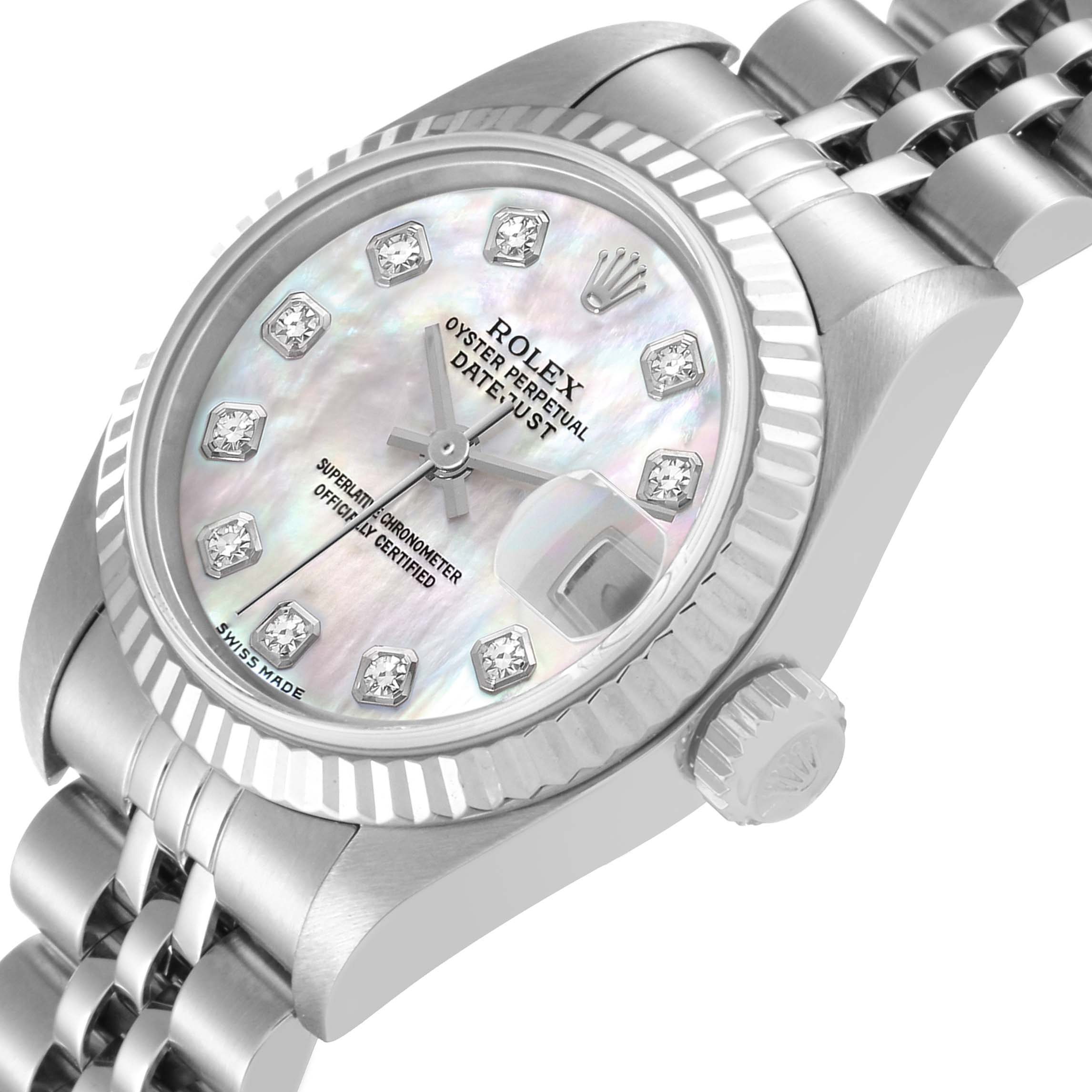 This image shows a Rolex Datejust 79174 Women's Stainless Steel Mother of Pearl Dial 79174 Women's Stainless Steel Mother of Pearl Dial watch at a slight angle, highlighting its dial, bezel, and part of its bracelet.