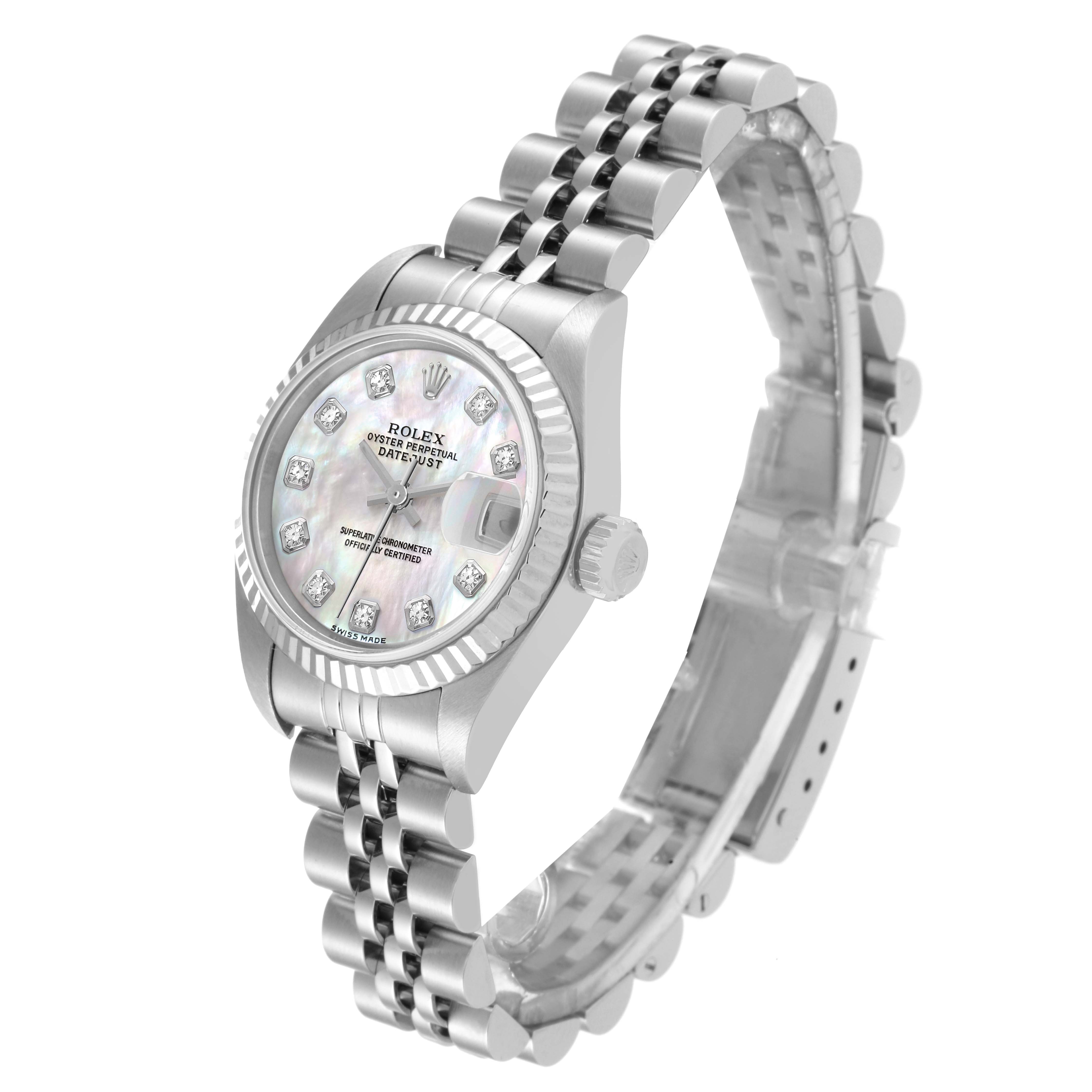The image shows a side and front view of a Rolex Datejust 79174 Women's Stainless Steel Mother of Pearl Dial 79174 Women's Stainless Steel Mother of Pearl Dial watch, highlighting its bracelet, crown, and face with diamond markers.